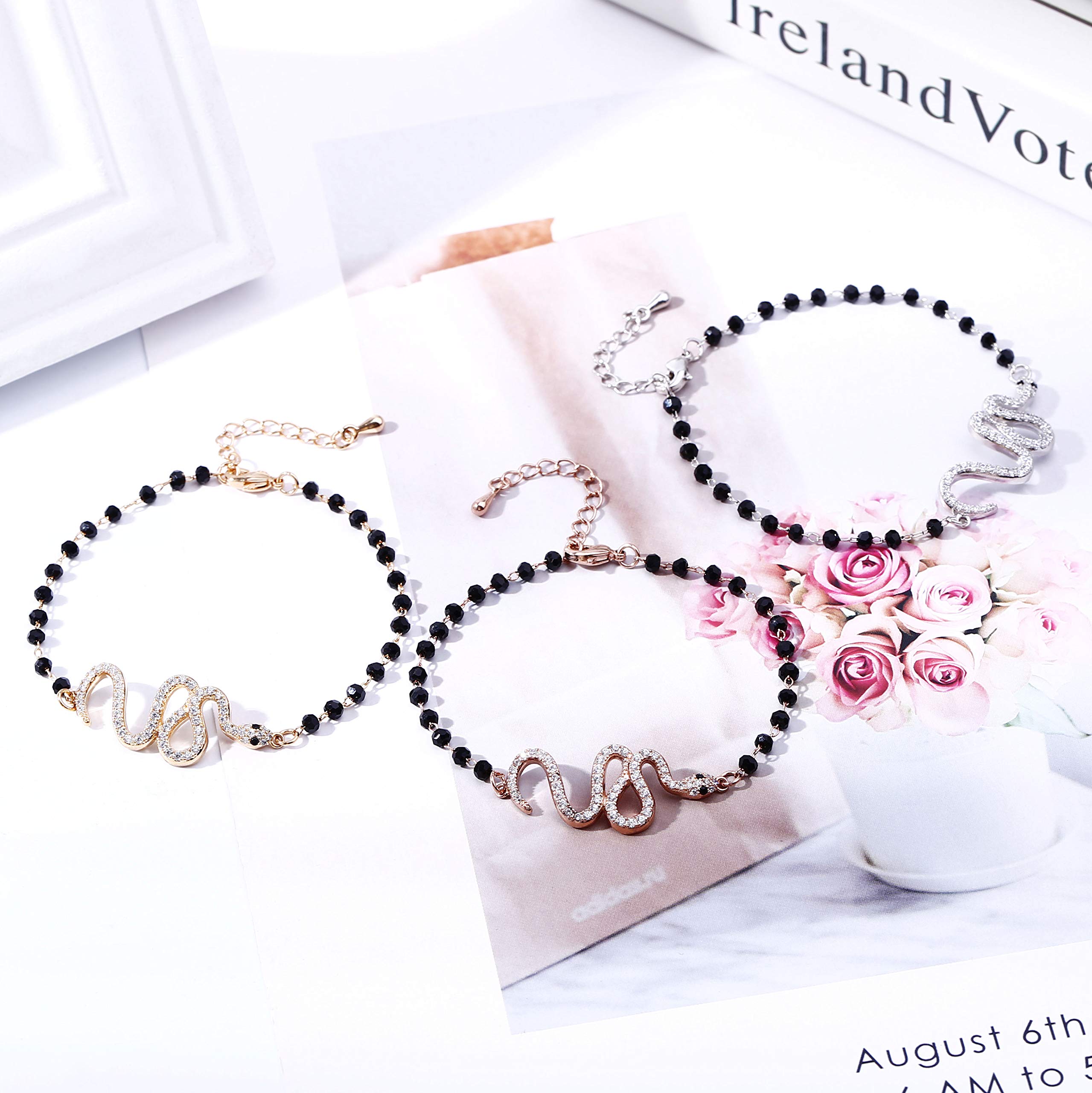 pengjin-Bracciale con ciondolo a quadrifoglio portafortuna, in acciaio inox, con perline nere, semplice braccialetto portafortuna
