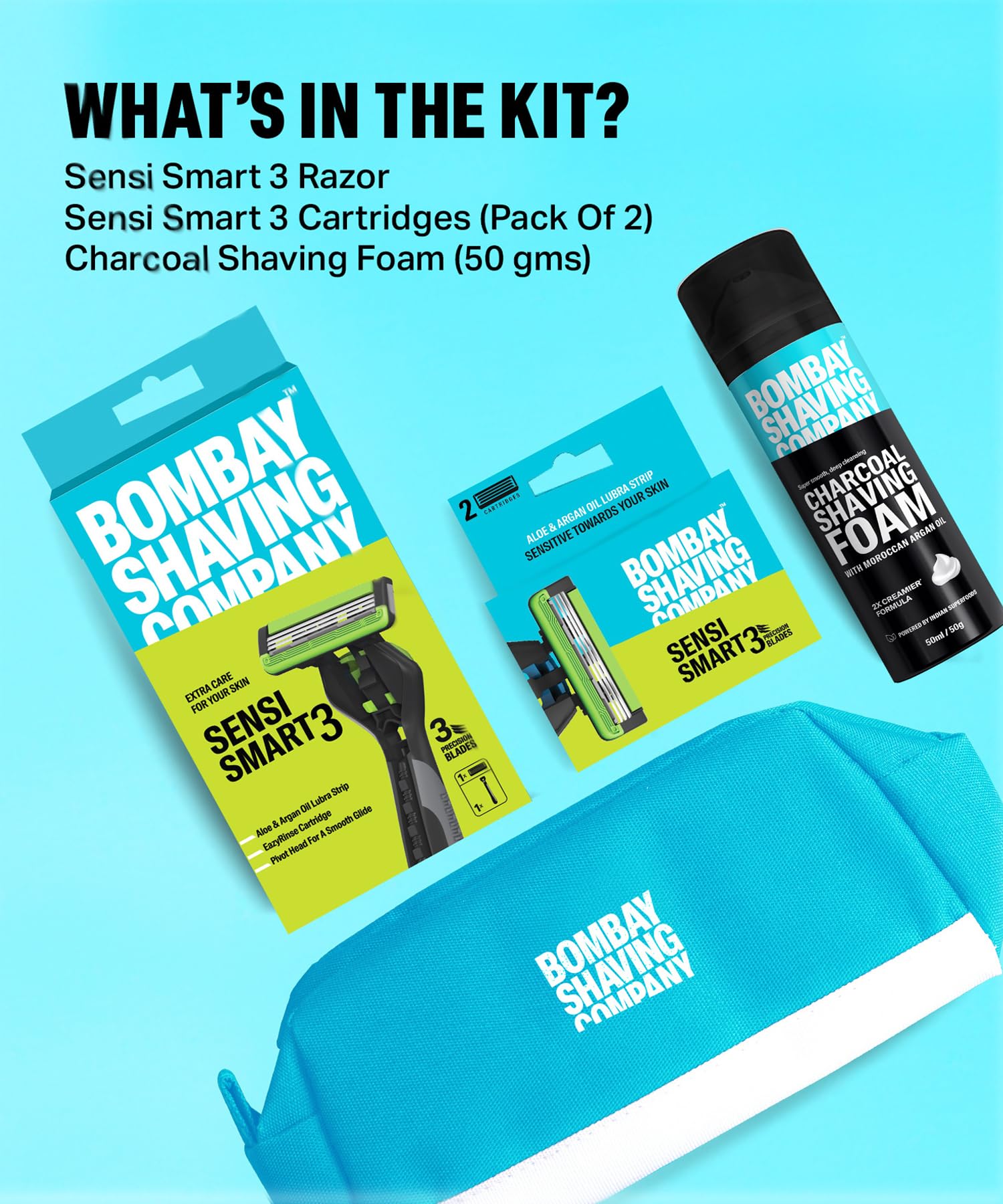 Bombay Shaving Company Sensi Smart 3 Shaving Kit For Men | Sensi Smart 3 Razor, Razor Cartridges, Charcoal Shaving Foam | Travel Bag | Shaving Kit For Sensitive Skin | Shaving Starter Kit | Travel Kit For Men - Image 3 thumbnail