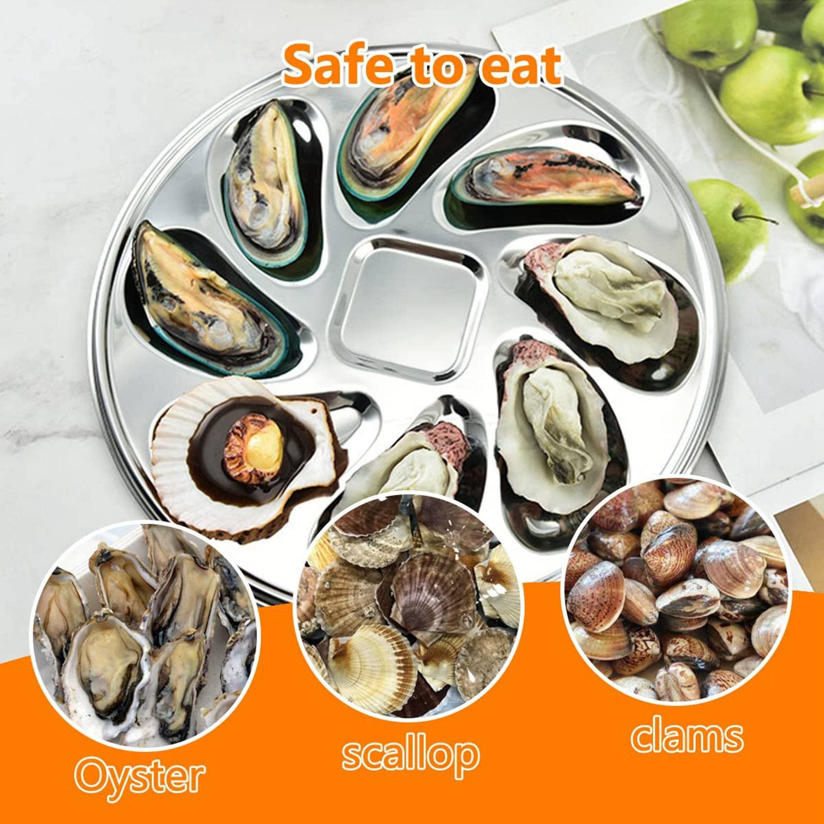 rieder Lot de 8 assiettes à huîtres en acier inoxydable en forme de coquillage, récipient à huîtres avec 8 fentes pour sauce à huîtres