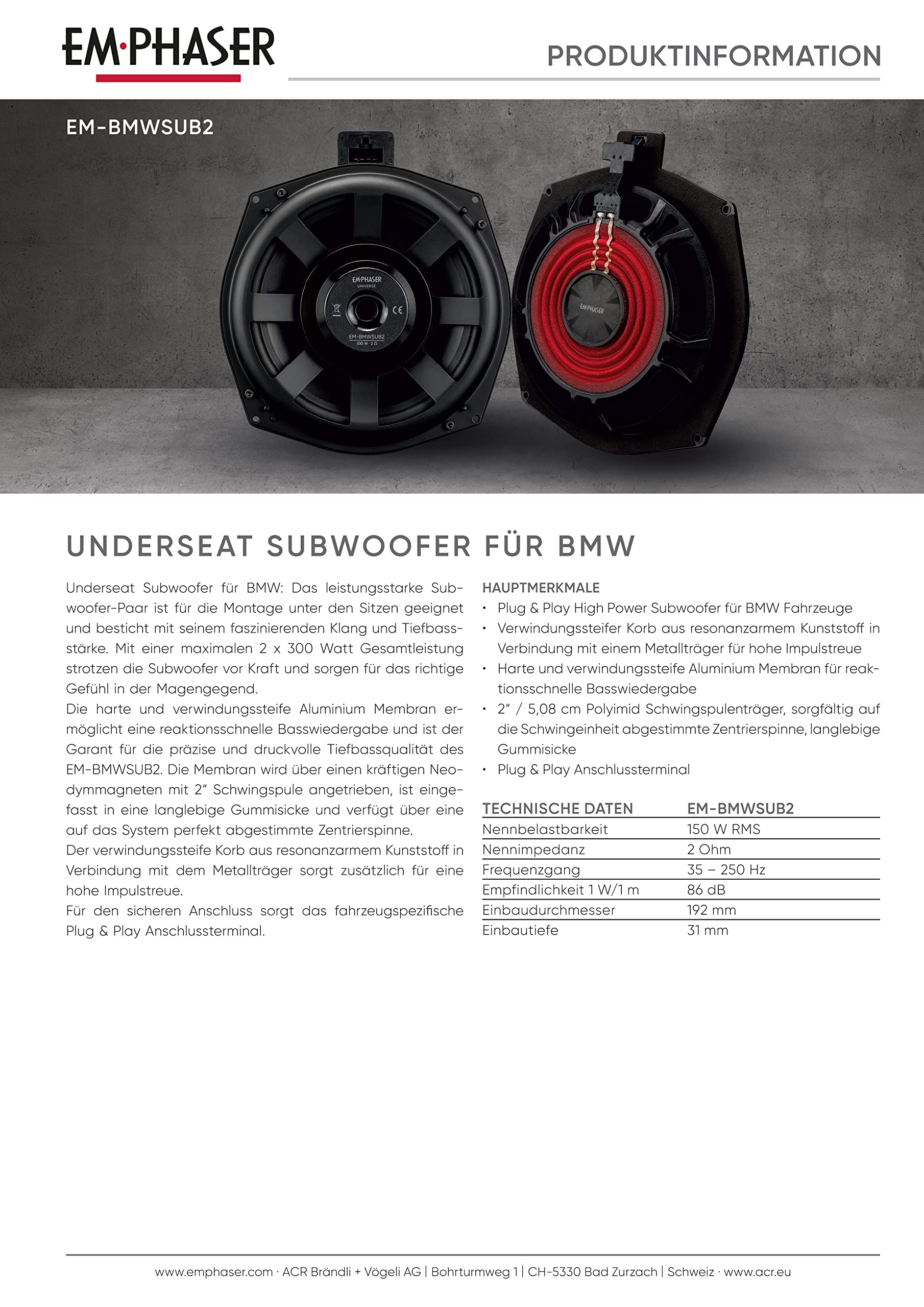 EMPHASER EM-BMWSUB2 – High Power 20 cm / 8 Zoll Auto Untersitz Subwoofer, kompatibel mit BMW Fahrzeugen, Plug & Play Underseat Bass, 150 W, 1 Paar