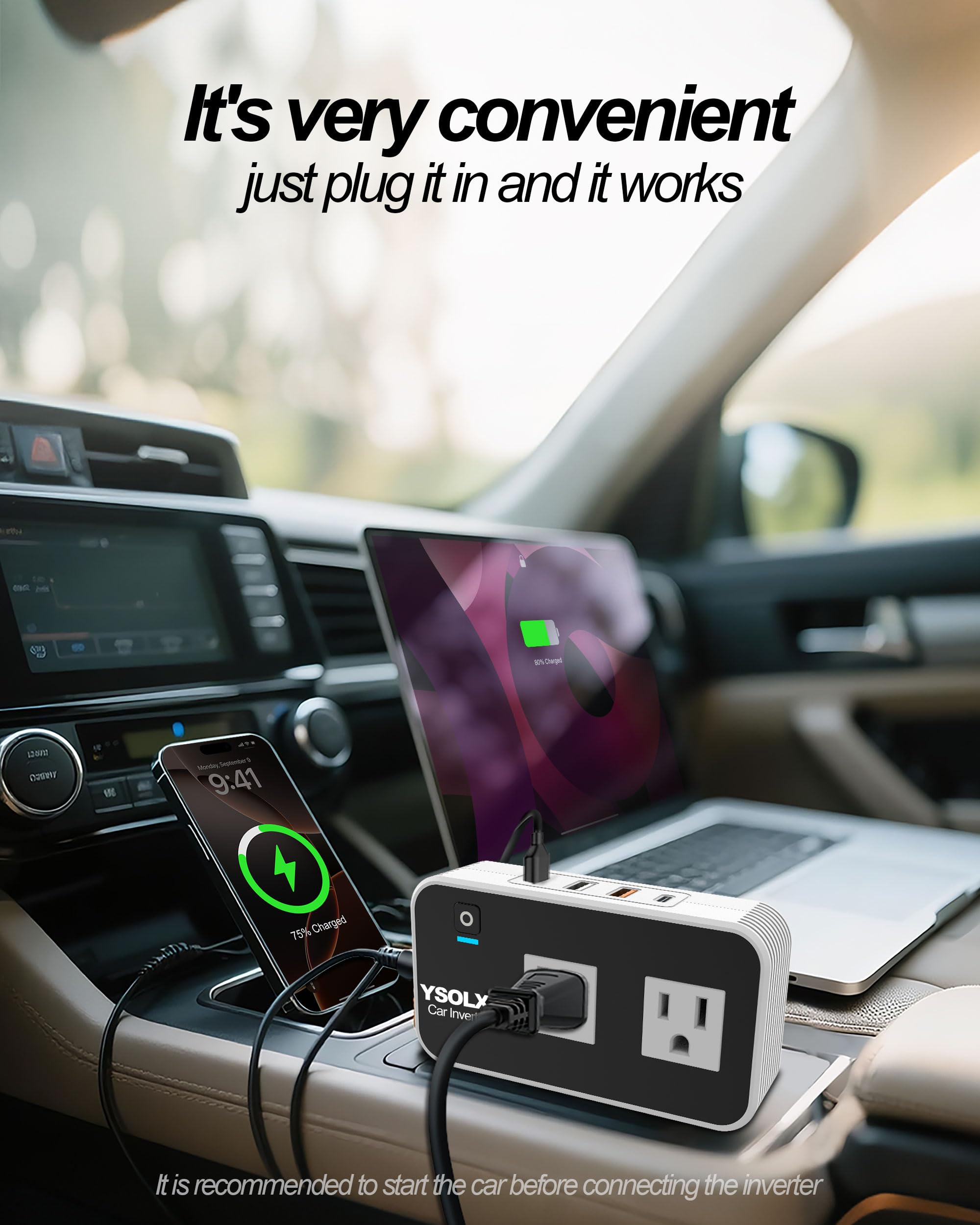 YSOLX 200 W falownik samochodowy DC 12 V na 110 V konwerter do szybkiej ładowarki samochodowej z gniazdkiem elektrycznym USB-C (18 W), USB-C (20 W) 2 x 2,4 A USB, gniazdo sieciowe