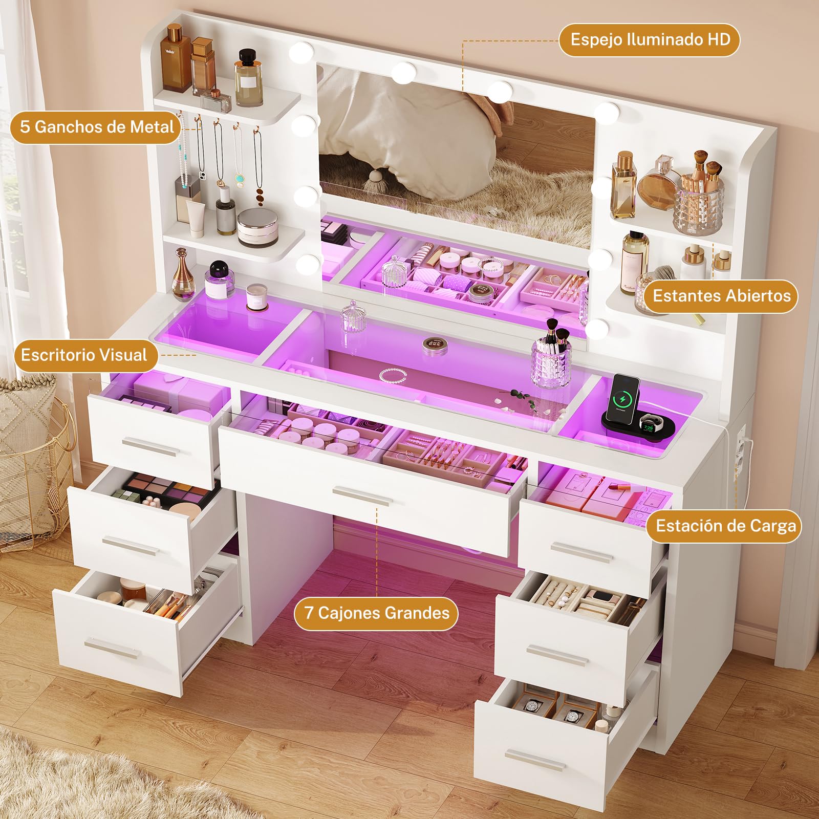 TEENFON Tocador de Maquillaje con Luces LED Regulables y enchufes, Mesa de Maquillaje con Espejo, 4 estantes Abiertos y 5 Ganchos para Joyas, Blanco, Tocador con 7 Cajones+RGB Tapa de Cristal