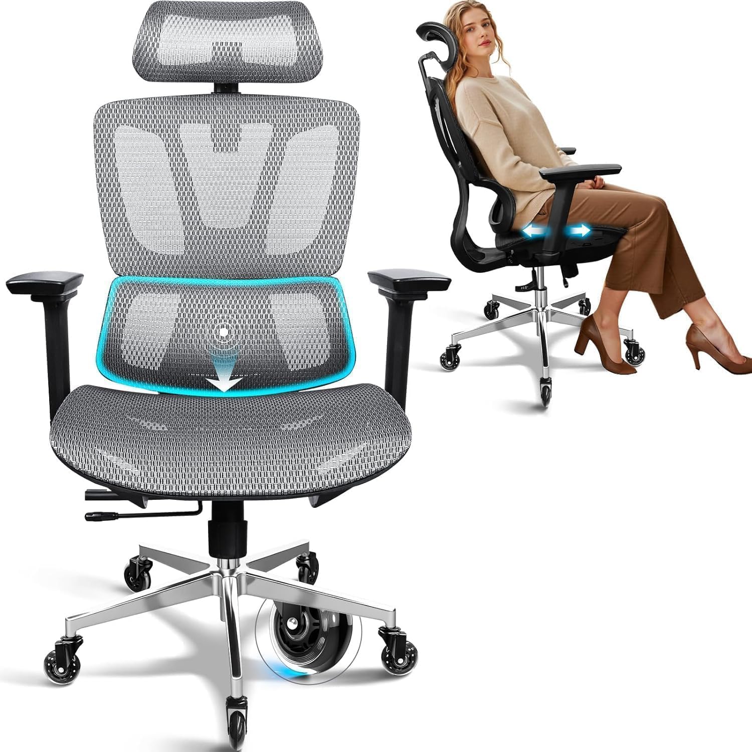 MELOKEA Sedia Ergonomica Professionale | Poltrona Ufficio Casa Grigio | Braccioli 4D, Profondità Seduta Regolabile, Supporto Lombare, Inclinazione 4 Livelli, Rete Traspirante, Sedia da Gioco | Braccioli 4D, Profondità Seduta Regolabile, Supporto Lombare,