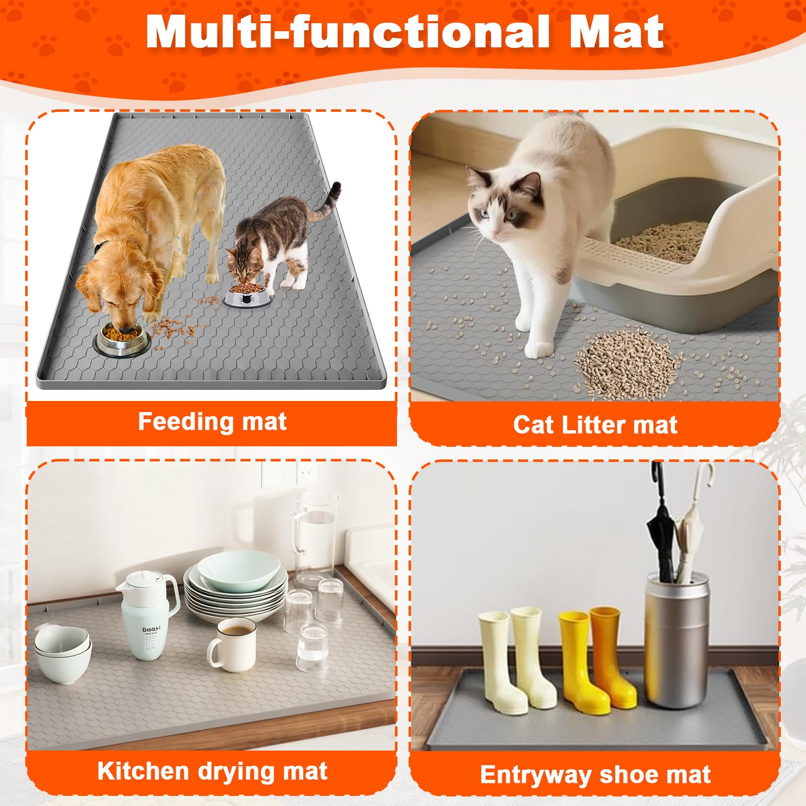 Tappetino Lettiera Gatto per Gatti con Bordi Rialzati, Tappeto Silicone Extra Grande 86x56cm, Mat Alimentare Morbido Sulle Zampe & Facile Pulire, Protezione Impermeabile Antiscivolo Resistente(Grigio)