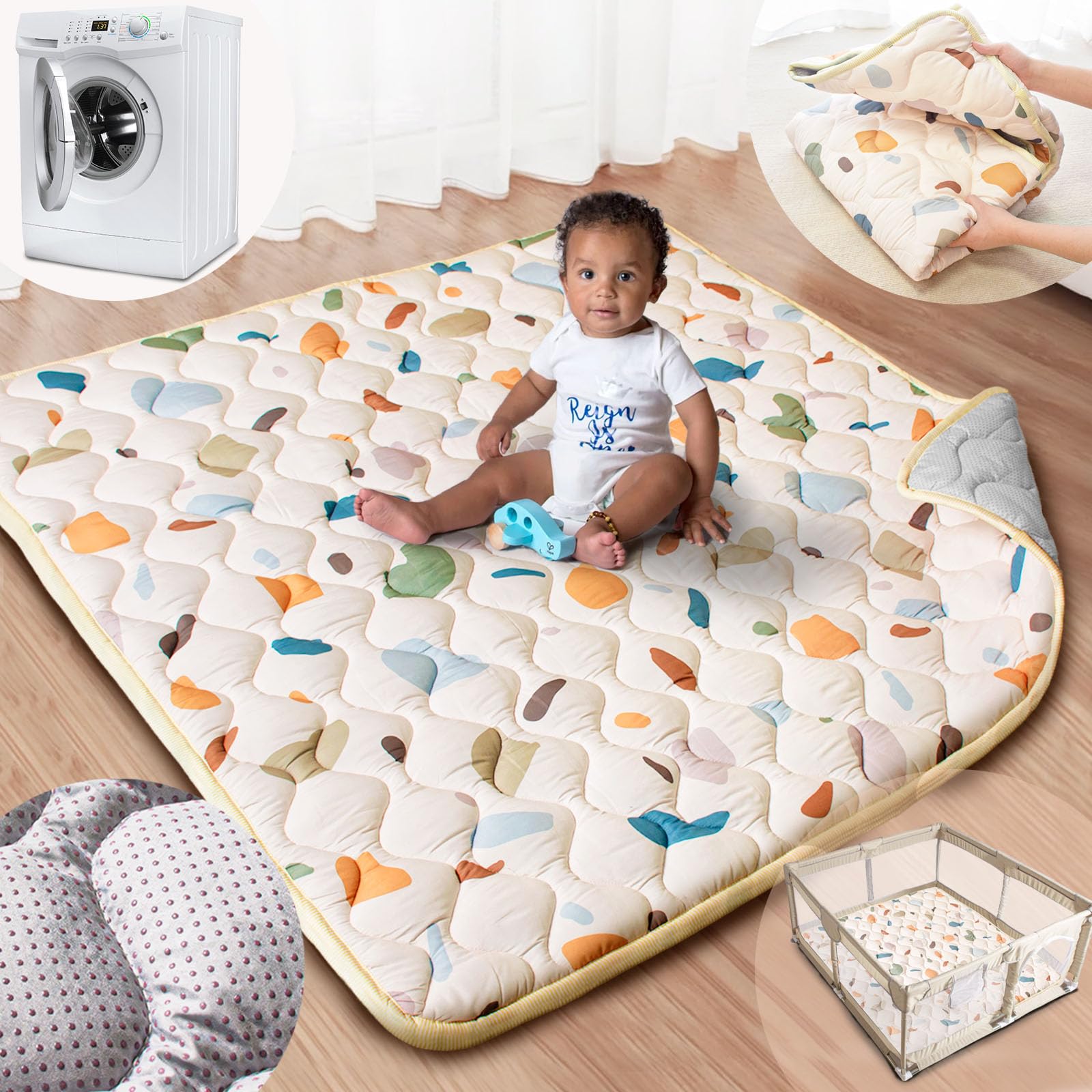 Beavtaens Baby Play Mat, 50x50 Playpen Mat with Super Soft Touch, Activity Playmat with Upgraded Anti-Slip Bottom, Machine Washable Crawling Mat for