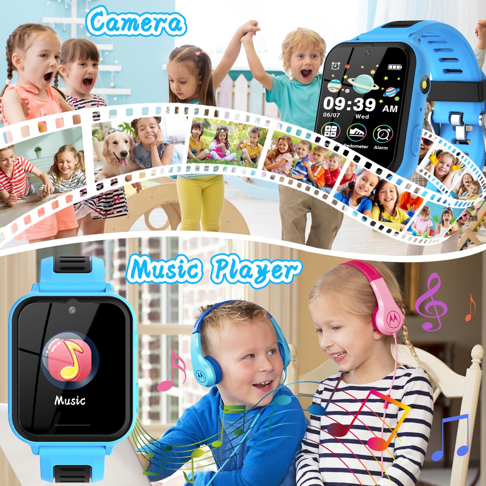 Montre Connectée Enfant Garçons Filles, Montre Intelligente Enfant avec SOS Appeler, 14 Jeux HD Caméra & Lecteur Vidéo Musique Torche, Cadeaux pour Enfants 3-12ans (Bleu)