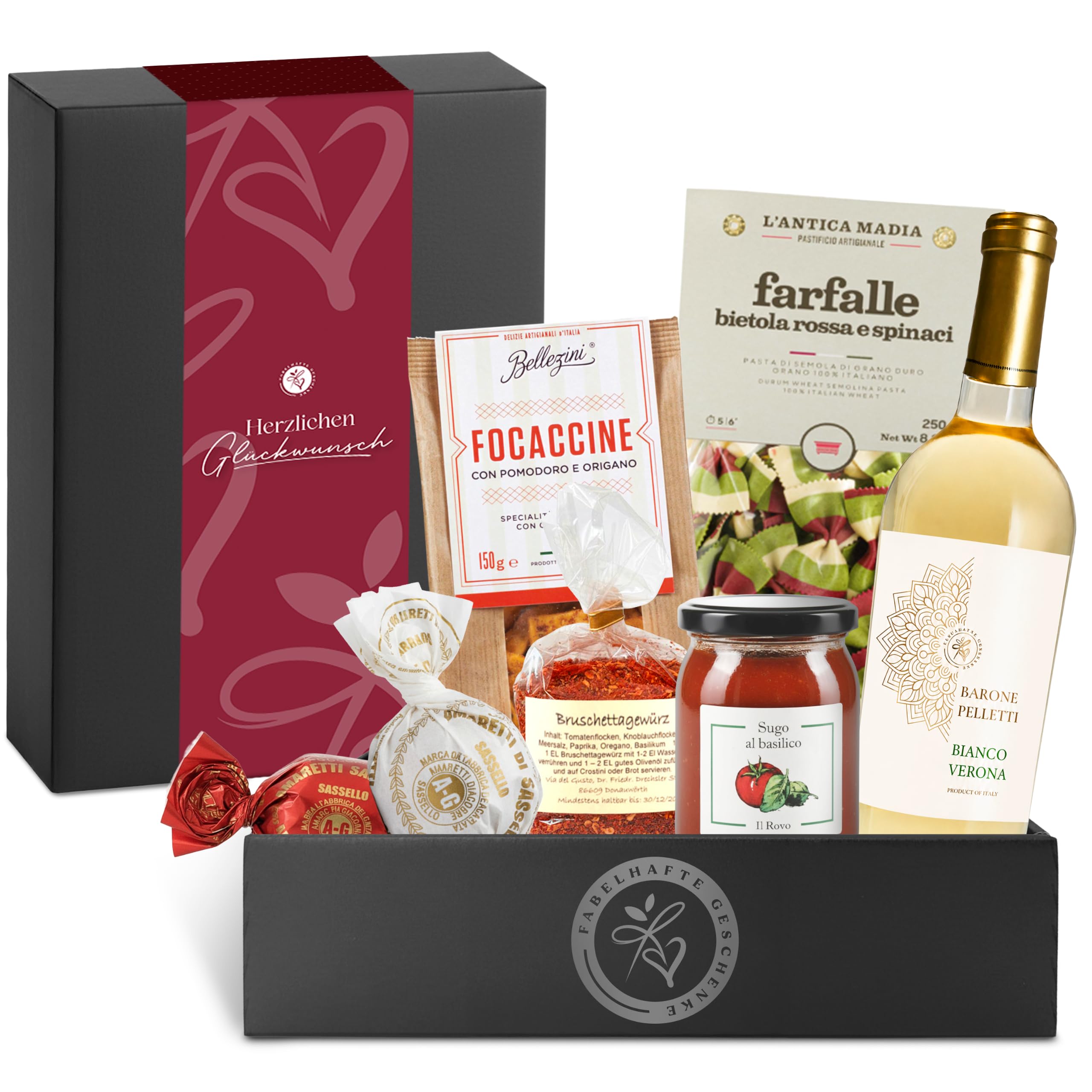Präsentkorb Italia mit Weißwein und italienischen Spezialitäten | Pasta, Sugo, Focaccine, Gewürzmischung, Amaretti | für Männer & Frauen | mit Banderole " Herzlichen Glückwunsch"