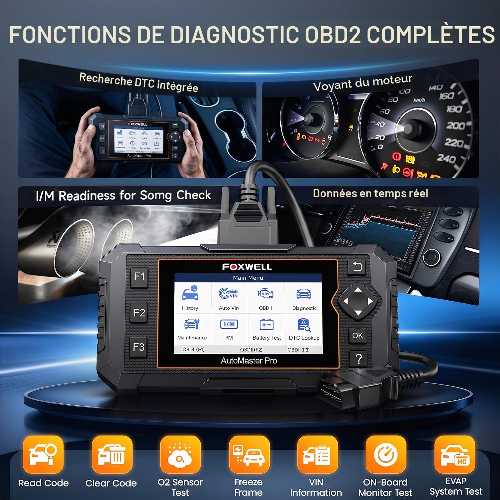 FOXWELL Scanner OBD2 NT624 Elite - Outil de diagnostic de tous les systèmes - Lecteur de code automobile avec réinitialisation d'huile et service EPB pour vérification du moteur, transmission, ABS