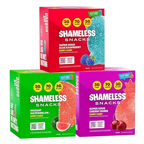 Shameless Snacks - Gomitas keto bajas en carbohidratos sin gluten - Frambuesa azul, sandía, bomba de cereza