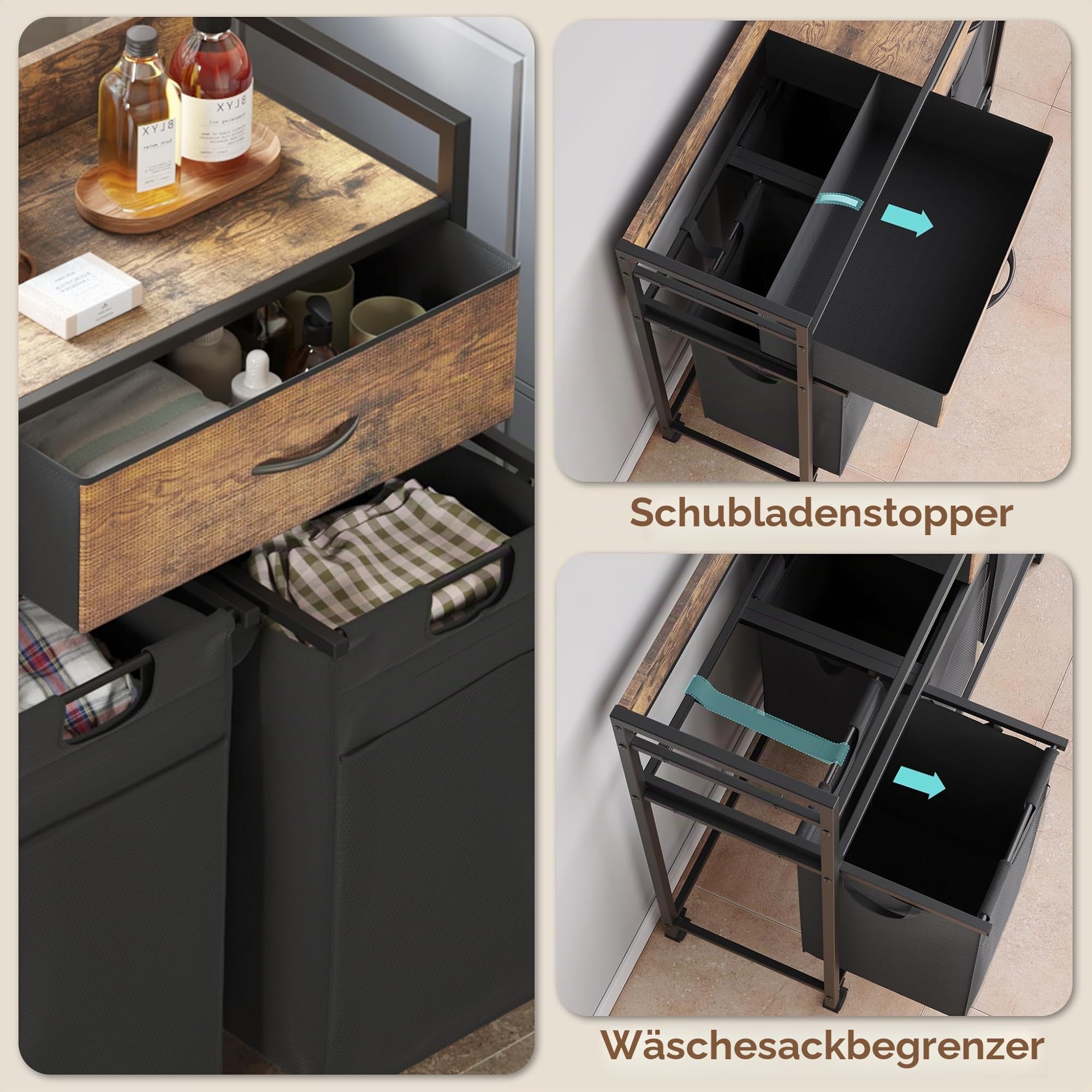 Mondeer Wäschekorb 3 Fächer, Wäschesammler mit 2 Schubladen ausziehbar und herausnehmbare Wäschesäcke, Für Waschküche Schlafzimmer Badezimmer, 3x50L, 106 x 33 x 91.5 cm, Vintagebraun und Schwarz