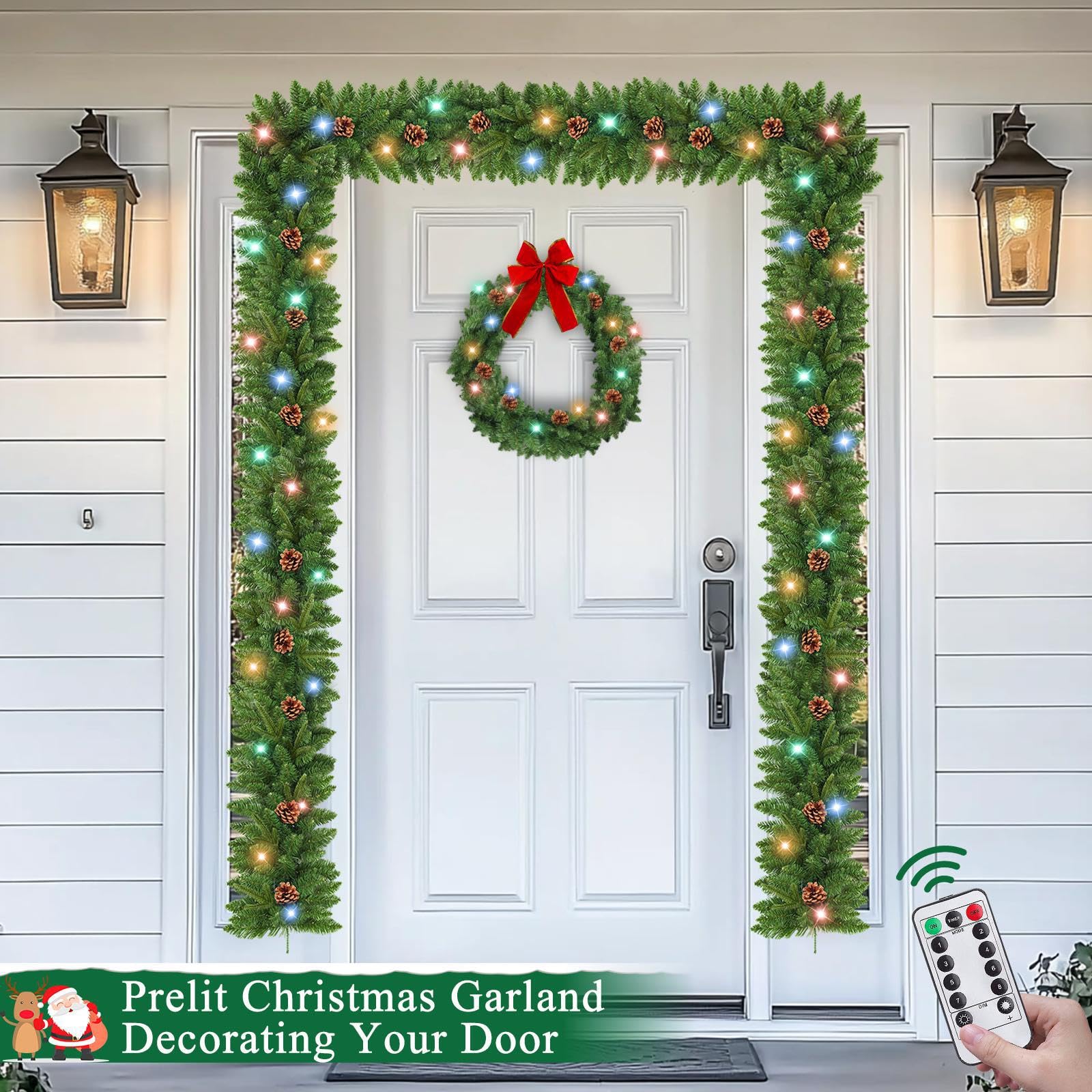 Weihnachtsgirlande mit 100 LEDs, Timer, 8 Modi, 30 Schneeborsten, 6 Weihnachtsstern, 18 Kugeln, 18 Tannenzapfen, 198 rote Beeren, batteriebetrieben, für den Innenbereich, Kaminsims