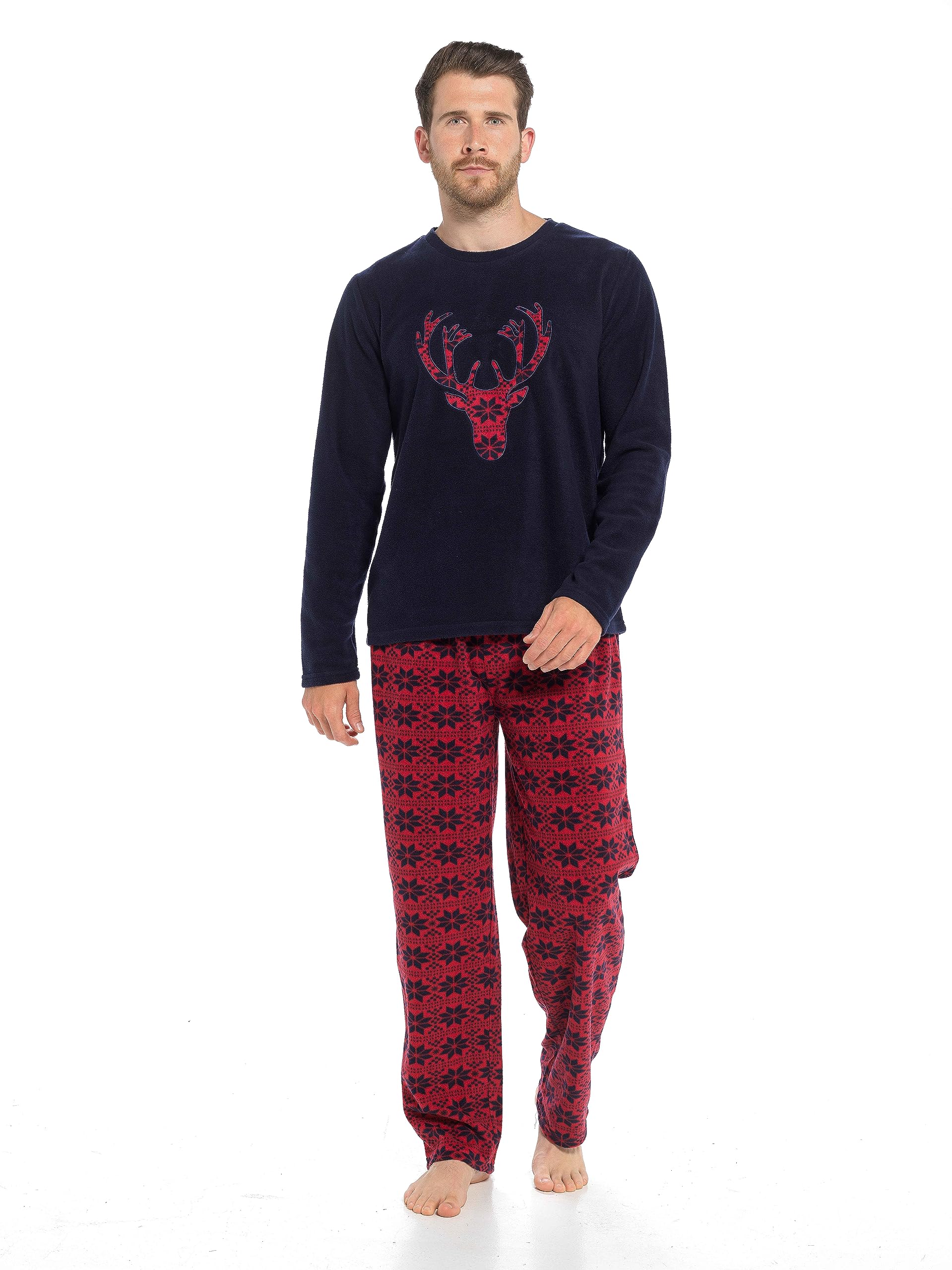 Nikaro Mens Stag Face Fleece Pyjamas Lounge Set with Crew Neck Top and Fair Isle Bottoms (XXL) Navy