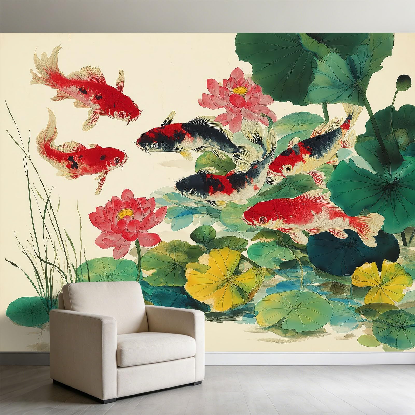 Fototapeta, ryba koi, lotos, lilie wodne, 450 x 315 cm, malowidło ścienne, malowanie farbą, włóknina, plakat, fototapeta, salon, dekoracja ścienna