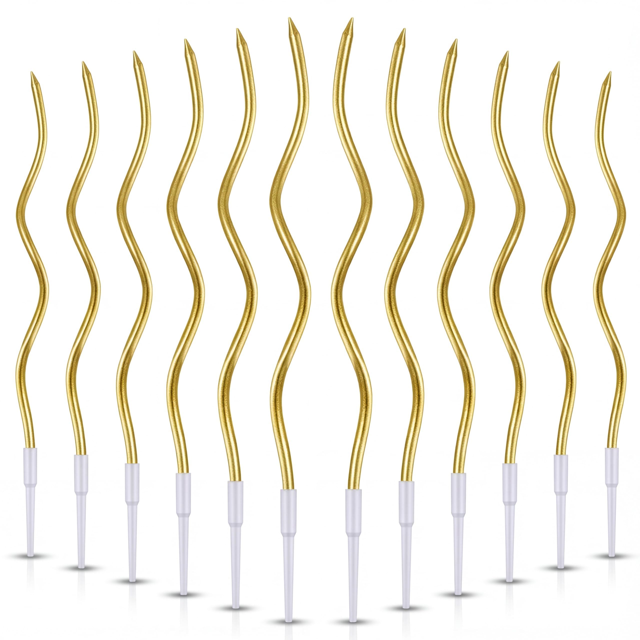 Expbroz Gold 12-Count Spiral Birthday Candles, Long Twisty Party Candles With Candle Holders, Long Burning For Weddings, Birthdasy, Party Decorations, Cupcakes, Anniversary And Meetups