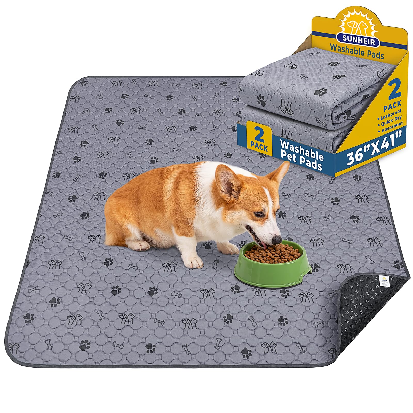 Sunheir Washable Pee Pads for Dogs, 2 Pack 36” x 41” Waterproof Puppy Pads
