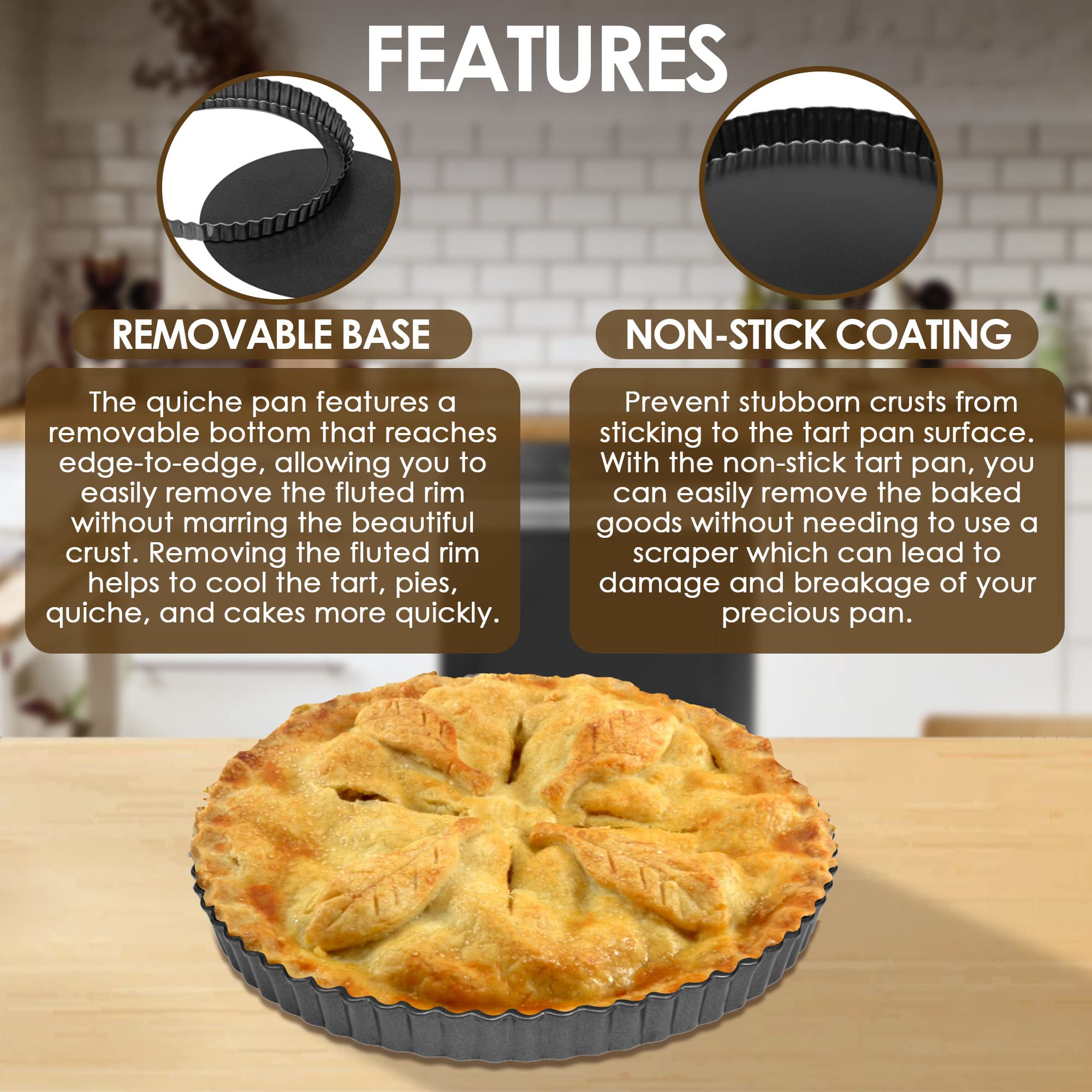 Vervo Tart Pan, 9 Inch Carbon Steel Quiche with Removable Bottom, Non-Stick, Fluted, 9.5" Top Diameter, 9" Bottom Diameter, Black - Image 4