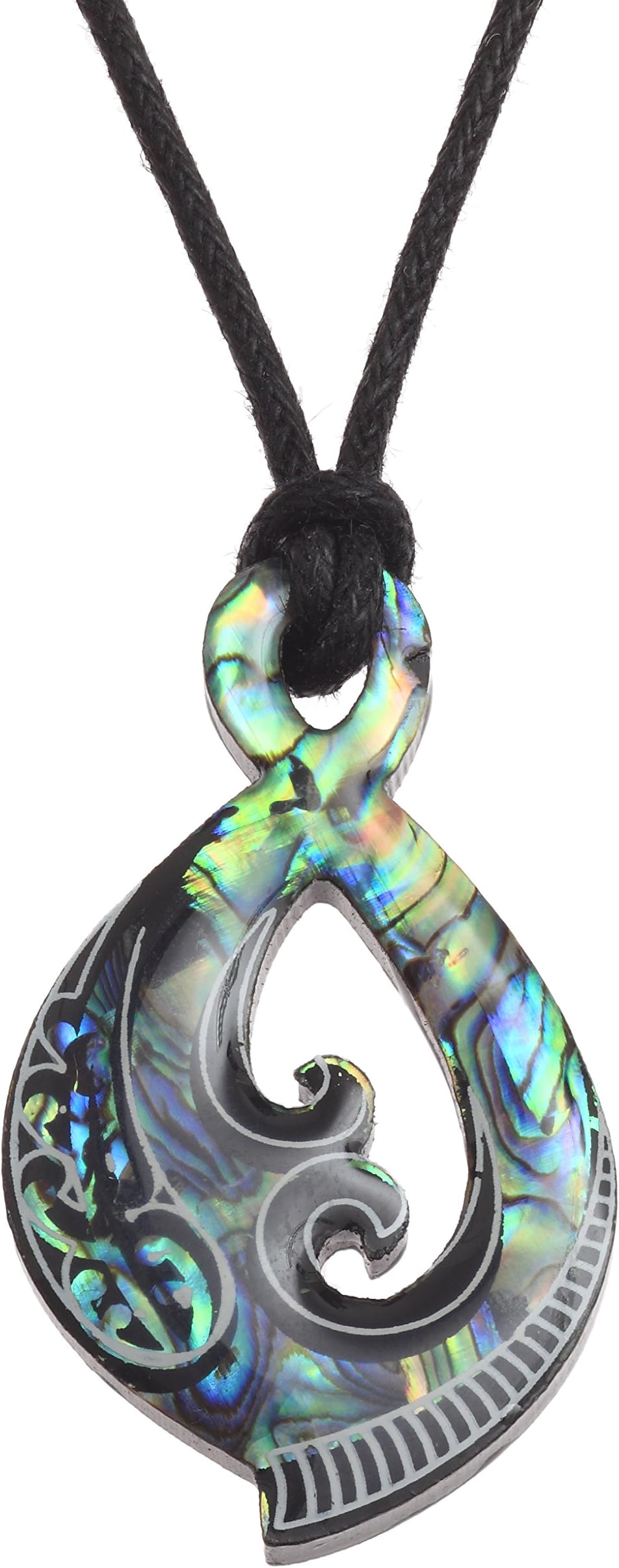 Maori Twist or Pikorua Pendant Necklace Inlaid With Bluish Green Paua Abalone Shell on 18" Black Cord On BLACK PLASTIC BACK DISC.