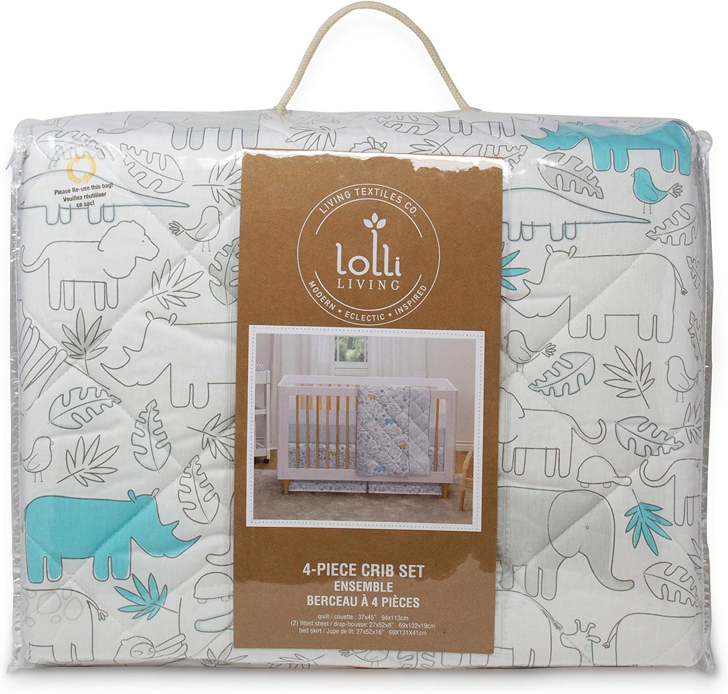 Lolli Living 4-Piece Cotton Baby Crib Bedding Set with Safari Animals Pattern. Complete Set with Comforter, 2 Fitted Sheets, and Bed Skirt.