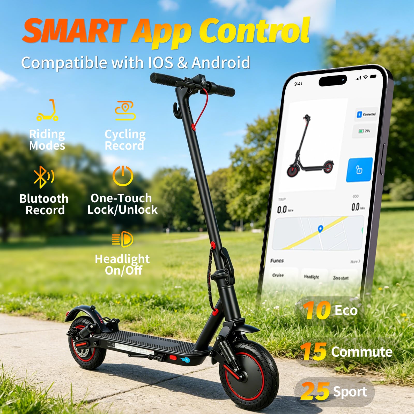 10 Pollici Monopattino Elettrico Adulti, Autonomia 30 km, Velocità Massima 25 km/h, Doppia Sospensione, Doppi Freni a Disco Anteriori e Posteriori, 3 Velocità, Design Pieghevole, Display LED, App–IPX5