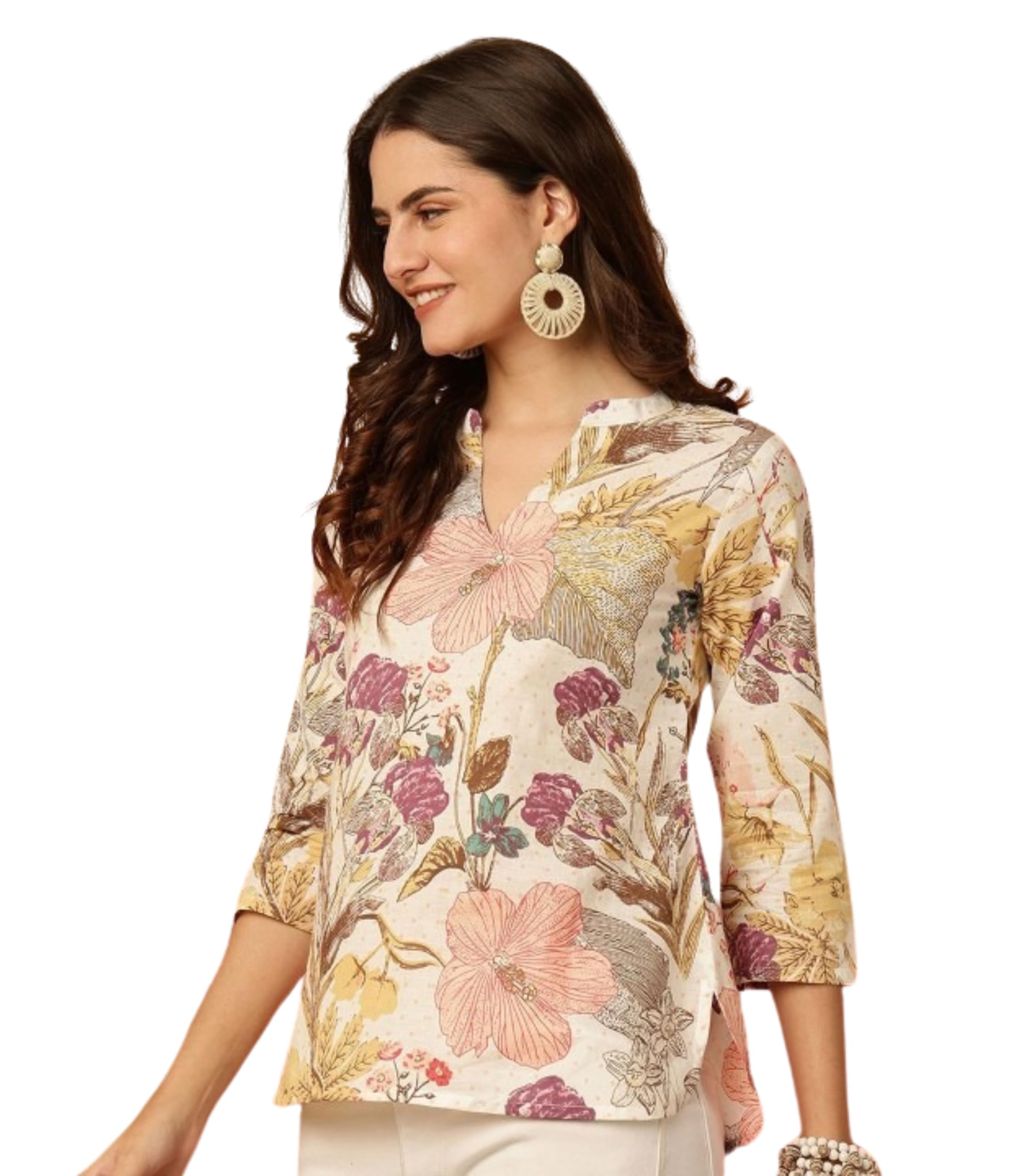 Bonkers Corner Women's Cotton Floral Printed Short Kurti Top | V-Neck 3/4 Sleeve Ethnic Tunic for Jeans | Casual Summer Wear Kurta for Women and Girls in multi