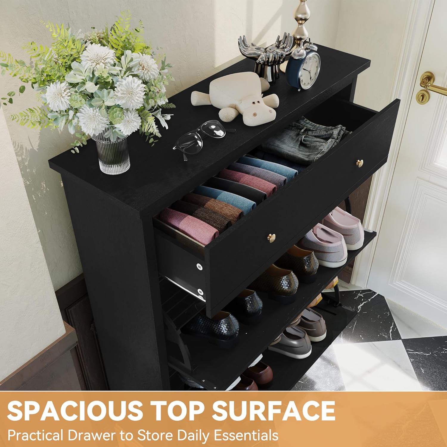 HLR Space Saving Hidden Shoe Cabinet with 2 Flip Doors 1 Drawer, Shoe Cabinet Storage, Entryway Narrow Shoe Rack Cabinet, Freestanding Hidden Shoe Rack Storage Organizer, Black with Gold Legs