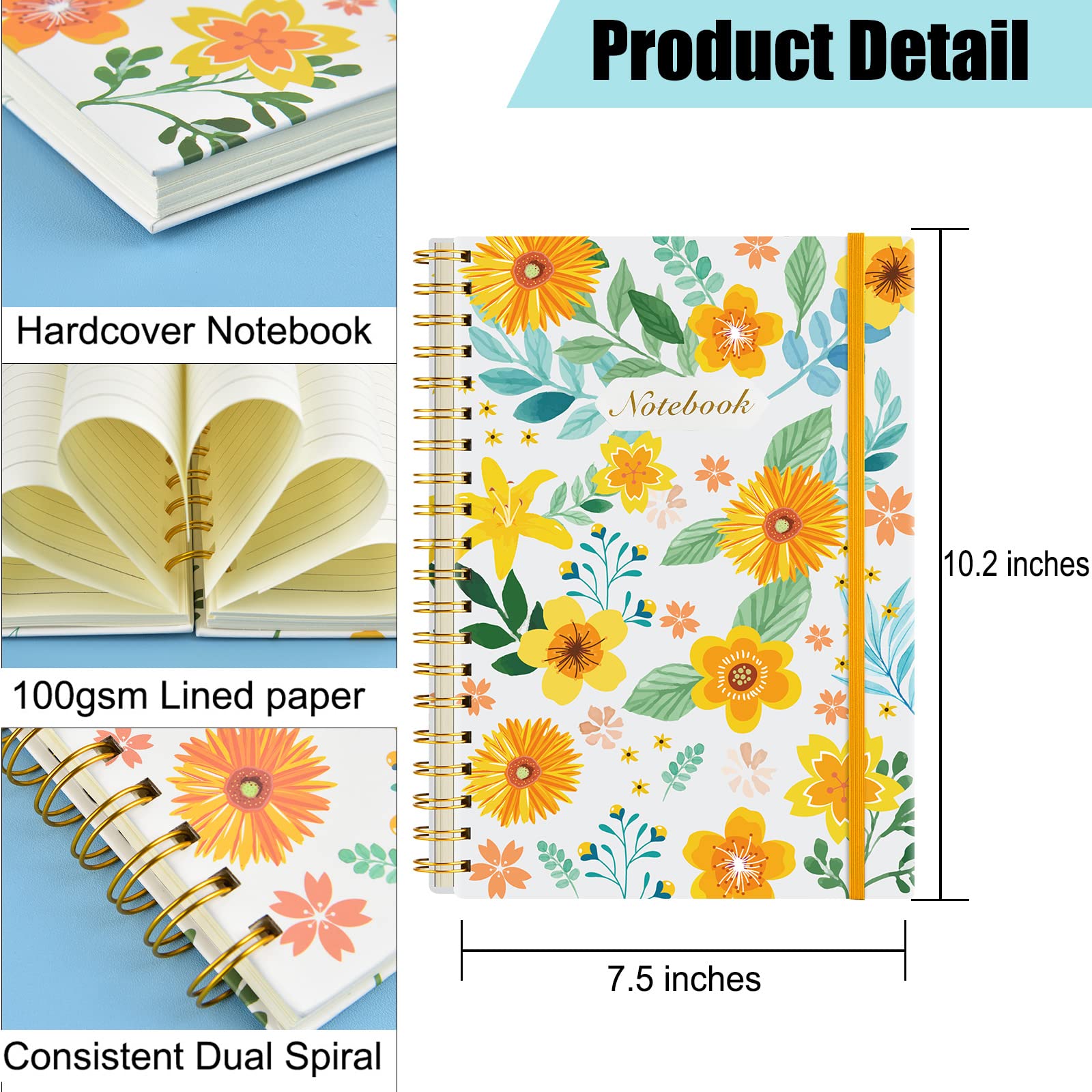 Coopay Confezione da 4 quaderni a spirale B5 con copertina rigida a spirale, motivo floreale, per ufficio, casa, scuola, business, 25,9 x 19,1 cm, carta spessa 100 g/m², 160 pagine