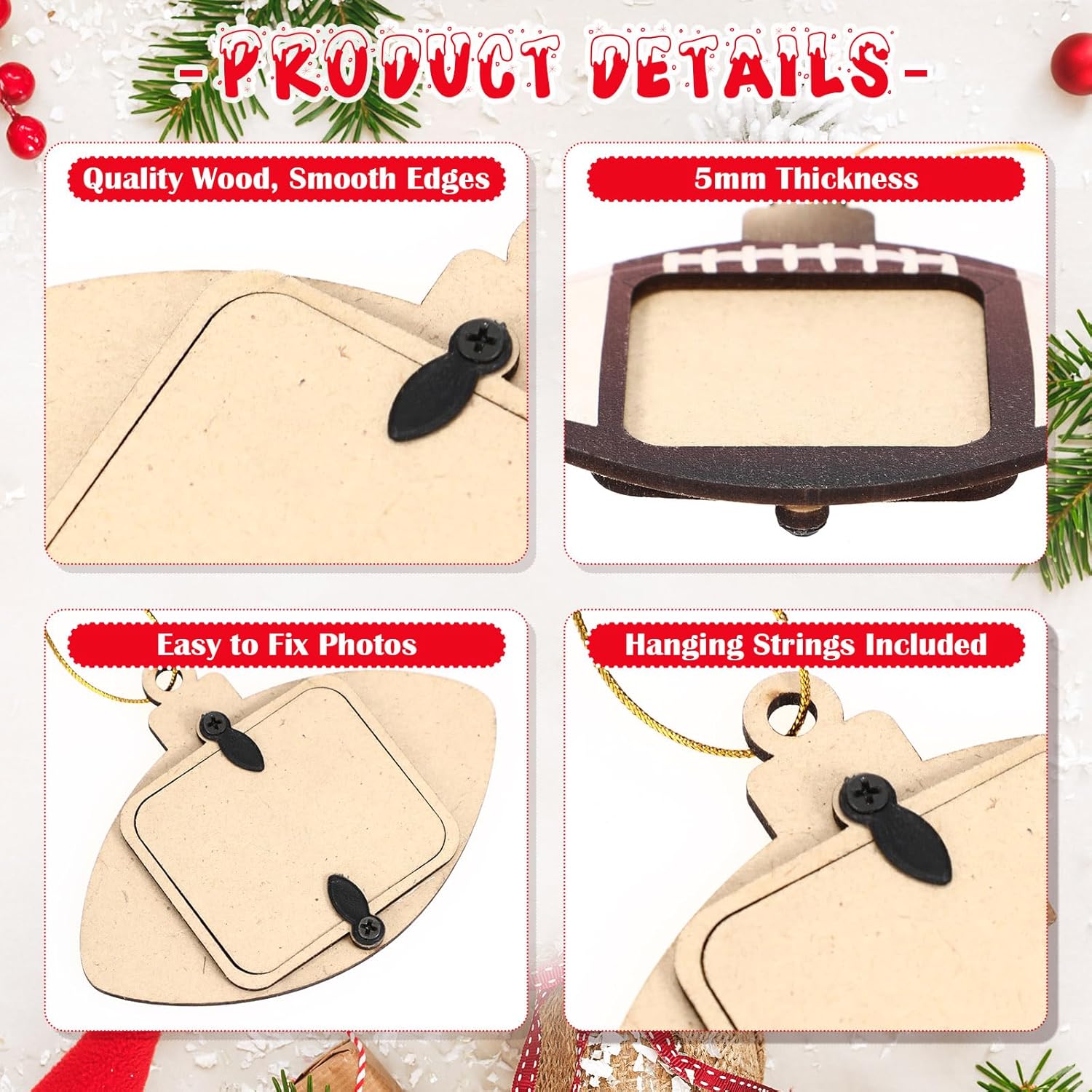 12 Pcs Football Sports Ornaments for Christmas Tree Decorations Wooden Christmas Picture Frames Xmas Photo Ornament Gifts for Sports Player Team Keepsake Party Favors - Image 3
