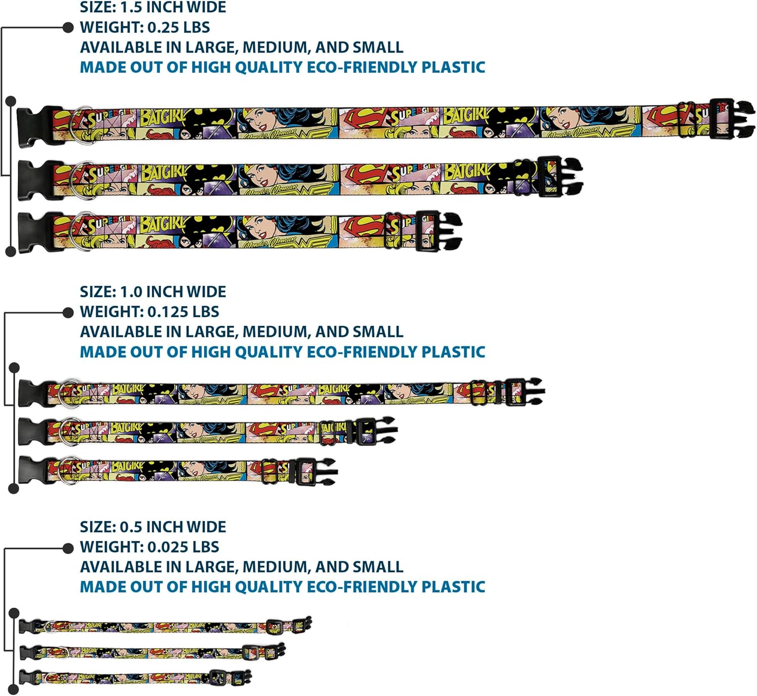 Buckle-Down Plastic Clip Collar - Superheroines Wonder Woman/Supergirl/Batgirl - 1.5" Wide - Fits 13-18" Neck - Small