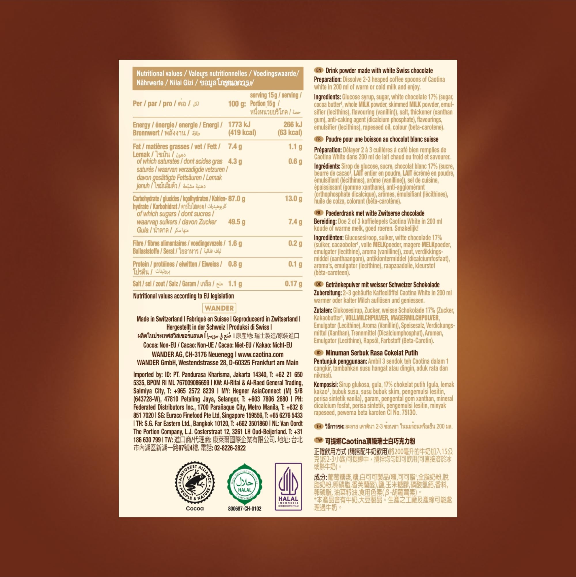 Caotina Blanc, cioccolato bianco da bere, cacao in polvere con il miglior cioccolato bianco svizzero, cioccolata calda sostenibile e certificata, 1x500g