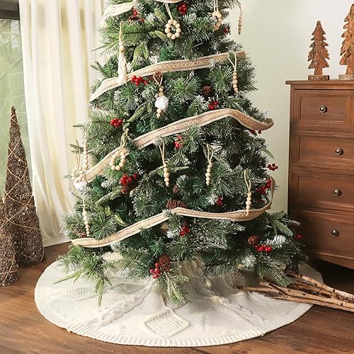Miniatura 5 de Falda de árbol de Navidad de 48 pulgadas: falda de árbol de punto trenzado de diamante para árbol de 7.5 pies, falda de árbol blanco crema, faldas