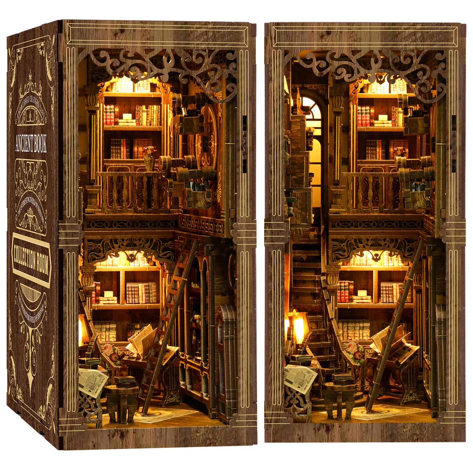 ISSEVE Book Nook Kit, DIY 3D Wooden Puzzle Dollhouse Booknook for Adults, Tiny Miniature House Kit Bookshelf Decor with LED Light and Dust Cover, Gifts for Family and Friends (Book Collection Room)