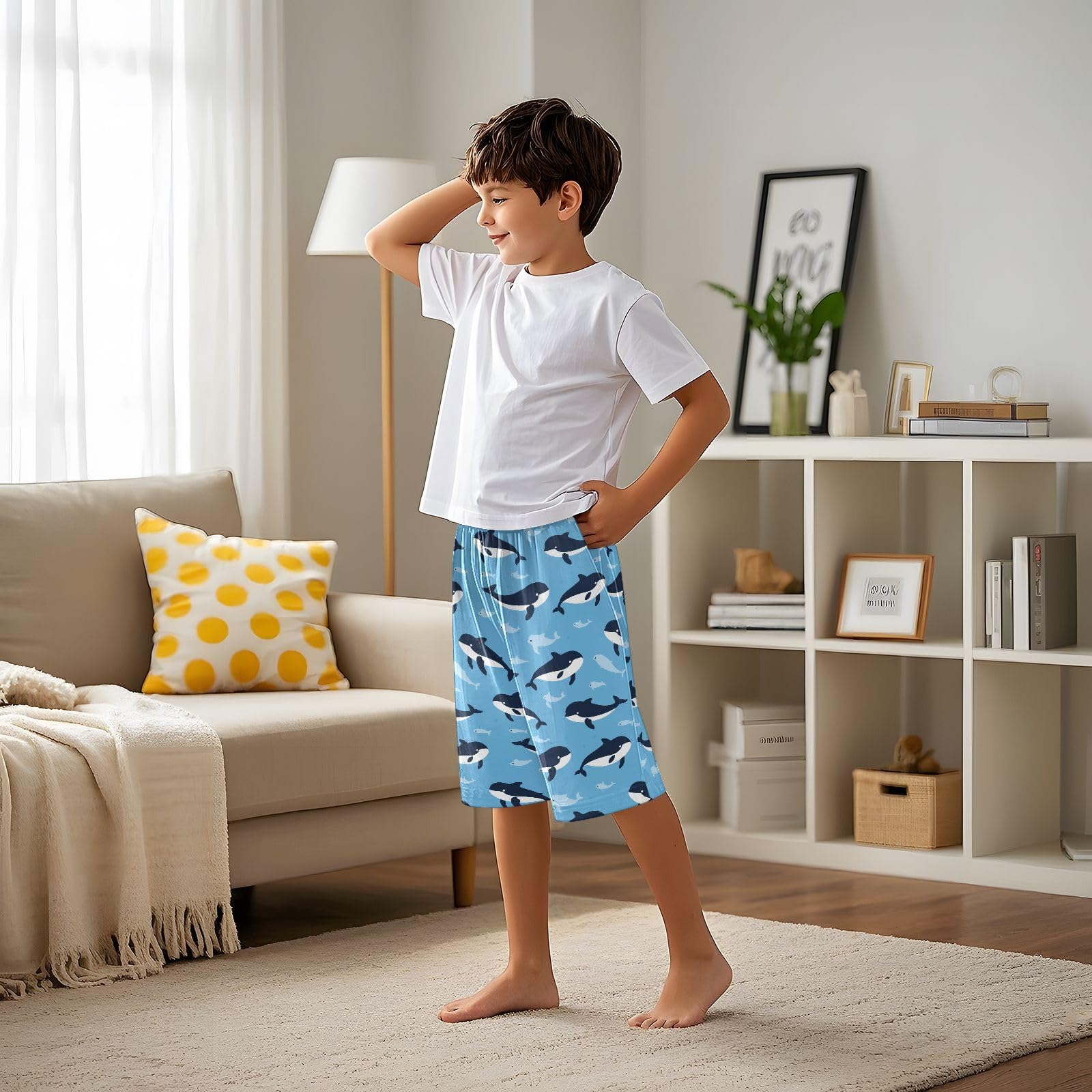 Short de pyjama style orque de dessin animé, pantalon de pyjama d'été à taille élastique pour 6 à 14 ans