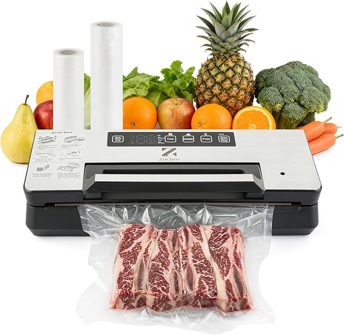 Dual Pump Vacuum Sealer for Food Storage & Sous Vide, Handle Lock, Double Heat Seal 5mm Wide, Built-in Cutter & Bag Roll Storage, External Vacuum Port, Dry/Moist Modes, Starter Kit Included
