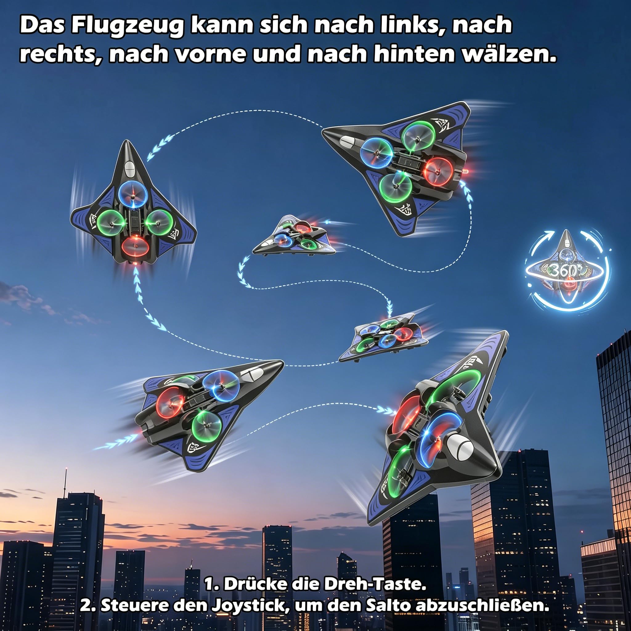 Doloowee RC Flugzeug Drohne für Kinder, RC Schaumstoff-Flugzeug mit Bunter LED-Beleuchtung, 360° Flip, Höhenhaltung, 2.4GHz Ferngesteuertes Flugzeug für Anfänger mit 2 Akkus