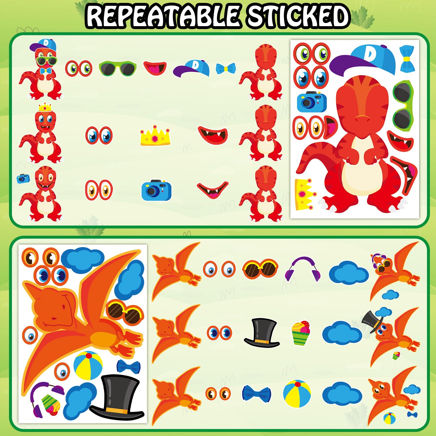 Acevegue DIY Dinosaur Stickers – 36 Sheets Make Your Own Dino Face Stickers For Kids, Dino Party Favors & Crafts