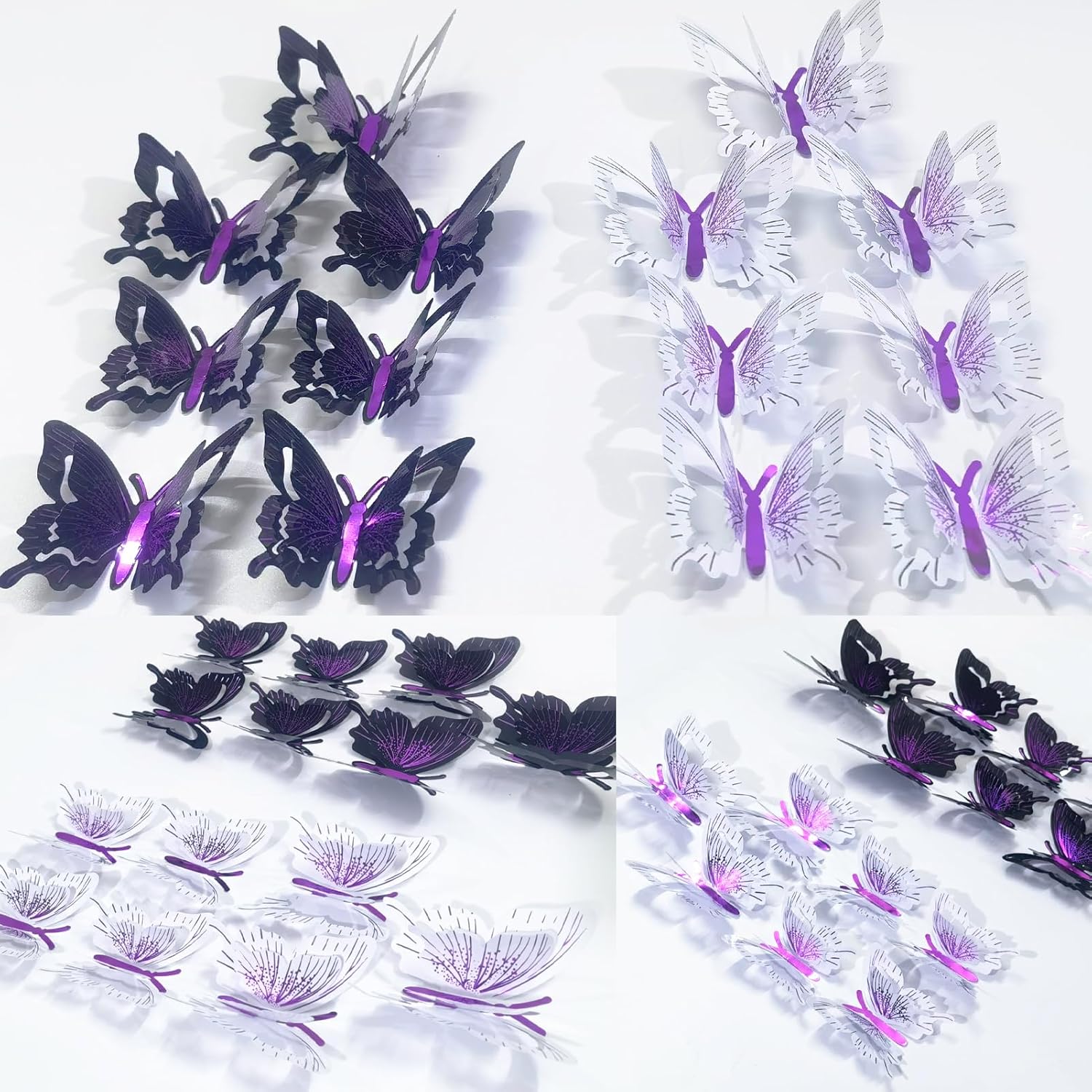 Ewong 3D Butterfly Wall Decoration, 48 Pcs PVC Butterfly Wall Decals Removable Waterproof Sticker Mural Art Home Bedroom Bathroom Office Birthday Party Decor (Purple Black White)
