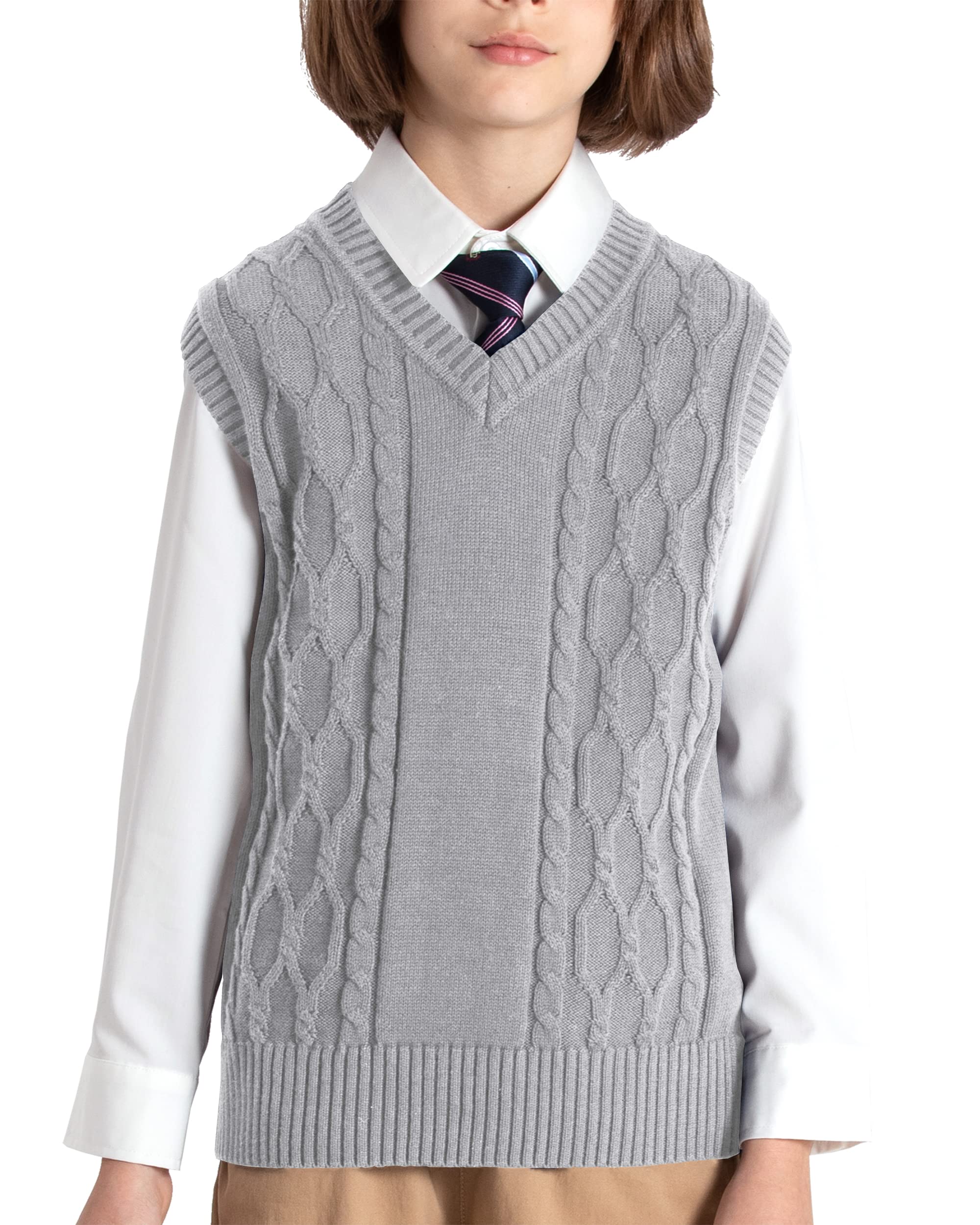 JSTEX Boys Sweater Vest 100% Cotton Kids Uniform Vest V-Neck Sleeveless Knit Pullover for Boy Girls Toddler Size 4-14