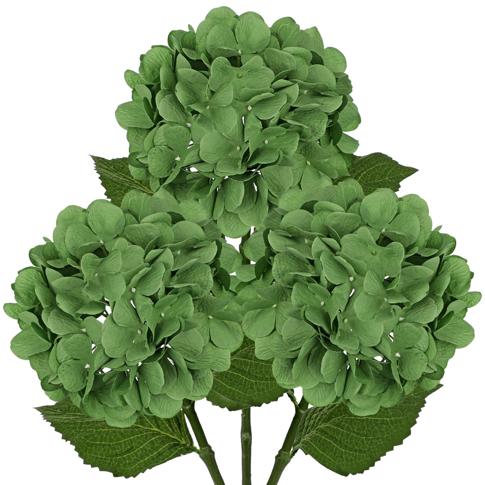 Hollyone Pack of 3 Hydrangea Artificial Flowers, Deep Green Fake Hydrangea Stems with Large 7'' Blooms, Long Stem Silk Flowers for Floral Arrangement, Tall Vase, Home Decor, Wedding Decorations — image 1