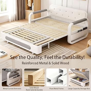 Double Sofa Bed Settee with Storage, 3-in-1 Convertible Guest Bed | 2 Seater, Pull Out Sleeper for Adults, Living Room or Bedroom, Small Spaces, Easy Assembly, Space Saving, Grey (158cm Width)