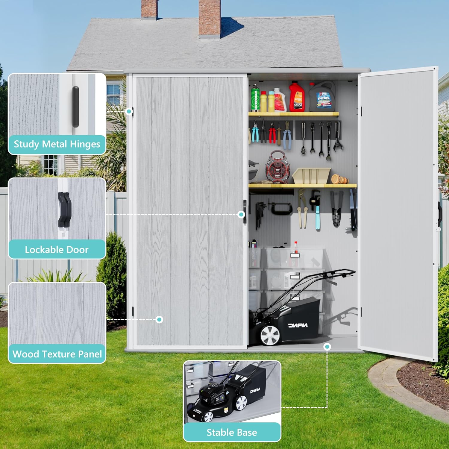 Greesum 5X3FT Plastic Storage Shed with Floor, Resin Outdoor Storaged Shed with Lockable Door, Easy Assembly All-Weather Tool Sheds for Garden, Backyard, Patio, Light Gray (4.7×2.5FT)