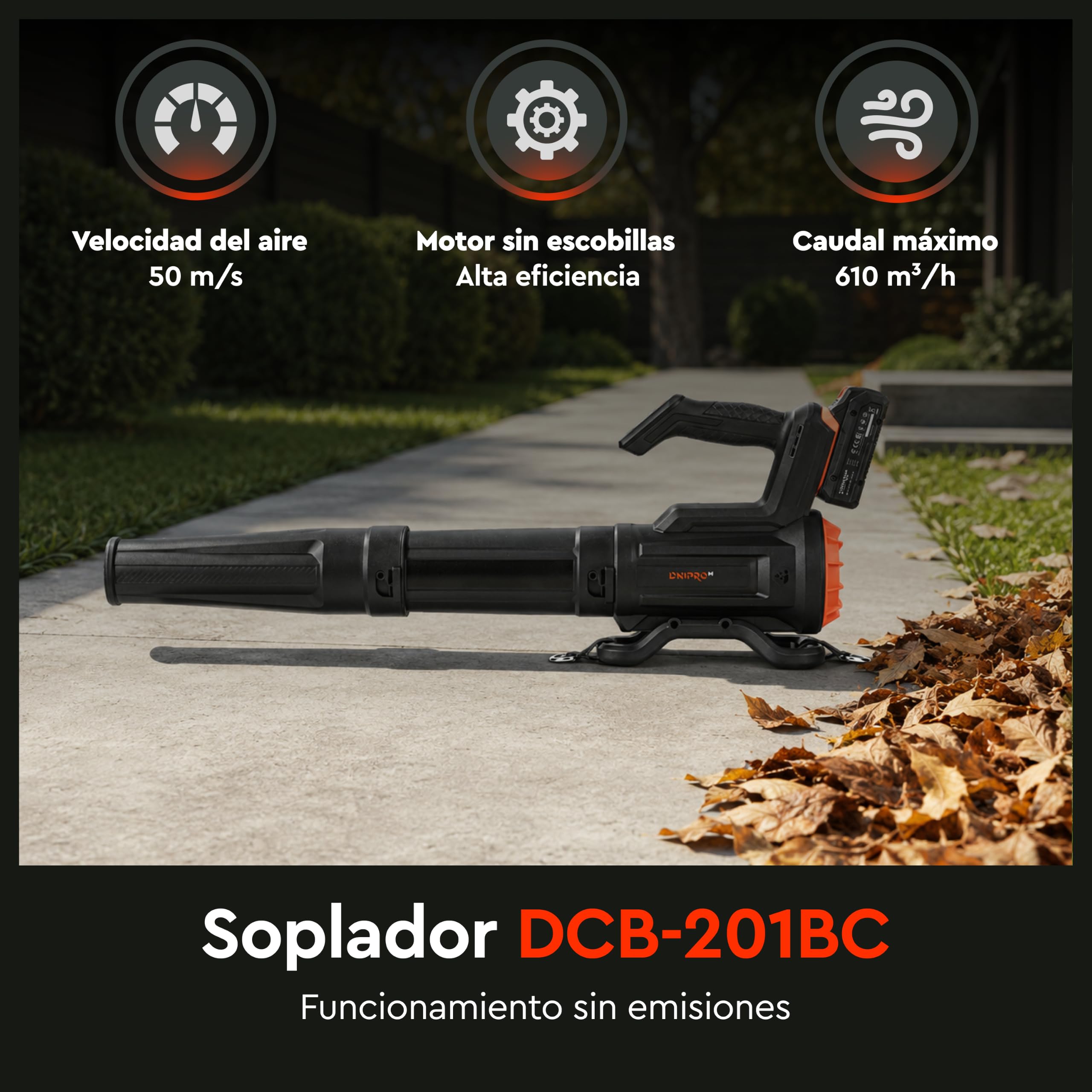 Soplador de Hojas a Batería 20V, Motor Brushless, 50 m/s, 3 Velocidades, 610 m³/h, Ligero 1,3 kg, Incluye Batería 4Ah y Cargador. DCB-201BC
