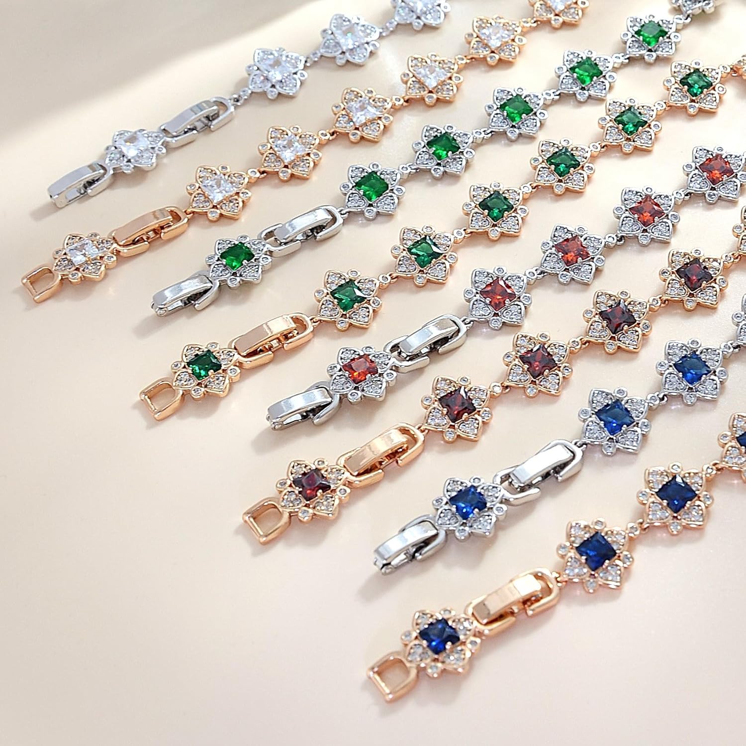 Blue/Green/Red/White Rhinstones Gold Clover Bracelet for Women - Image 6