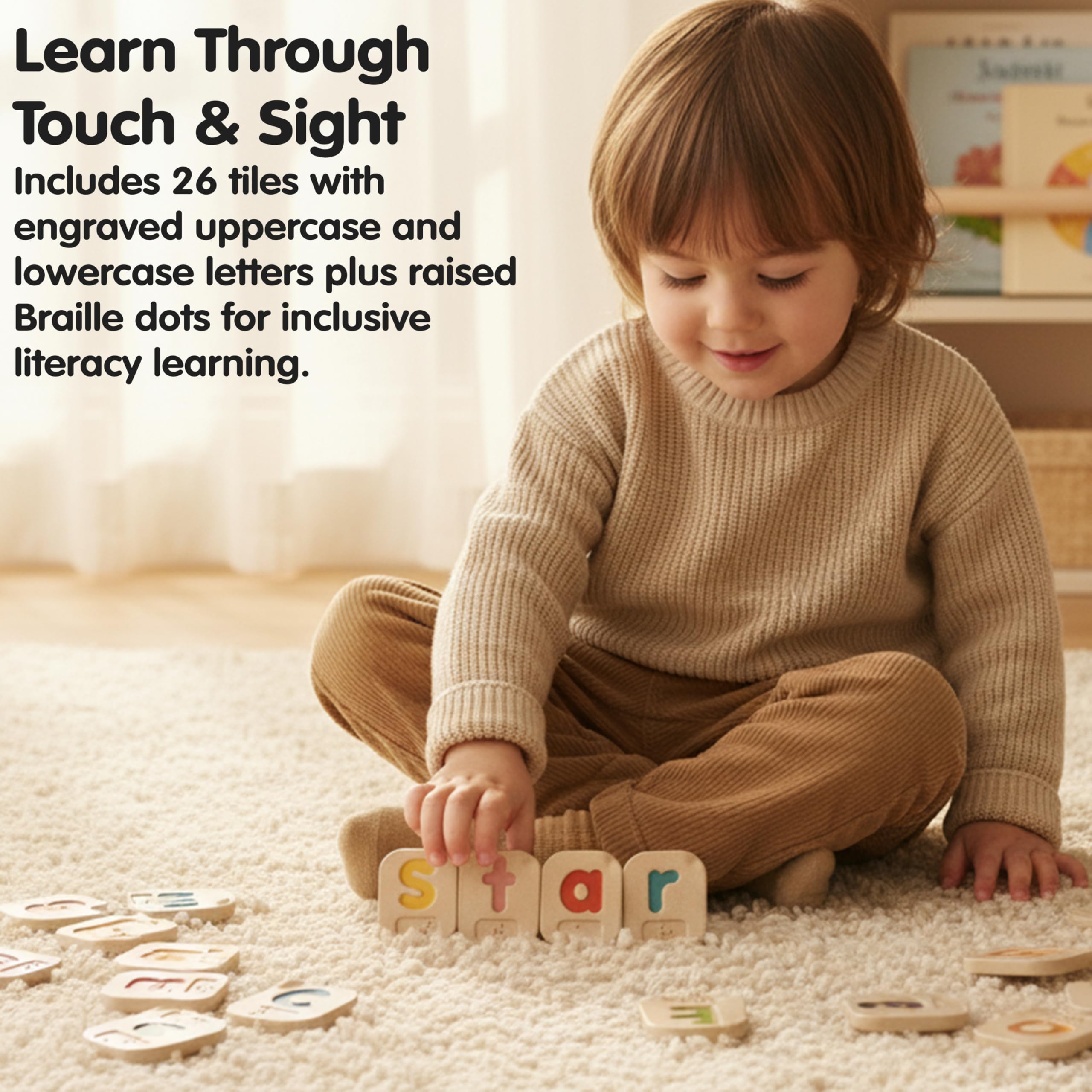 PlanToys Alphabet Braille A-Z - Apprendre le Braille pour Enfants - Jouet Éducatif en Bois - 26 Tuiles en Bois avec Lettres Majuscules et Minuscules