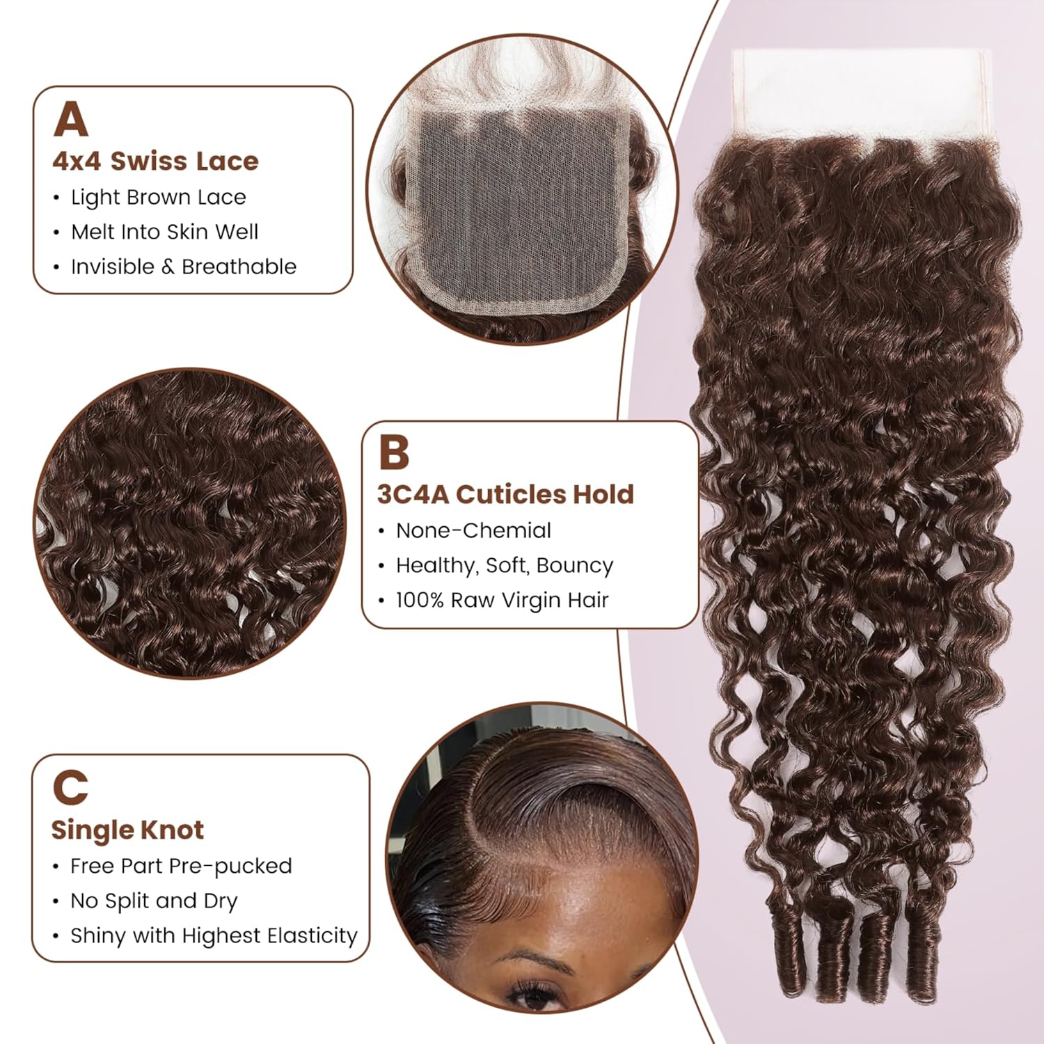 ALHER Color #4 Brown Burmese Curly Bundle with Closure 4x4 Human Hair, 15A Chocolate Brown 3 Bundles and 4x4 HD Lace Closure Free Part Melt 3c4a Water Wave with Spiral Curly End Weave 16 18 20+16 Inch