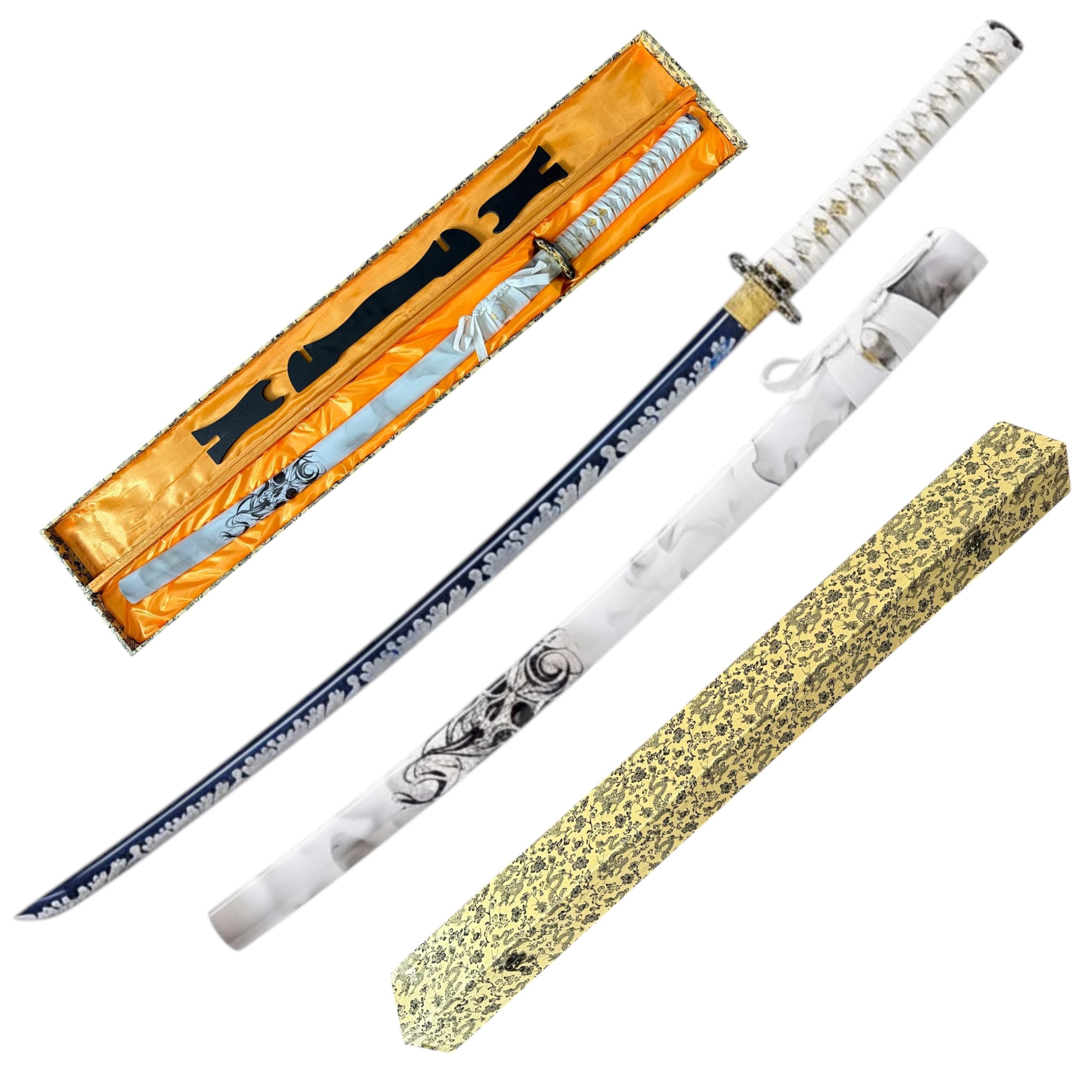 Profi Katana Schwert Echt Scharf Metall aus 1095 Stahl mit Scheide Ständer und Geschenkbox Handgeschmiedete gebeizte Klinge nur für Erwachsene 18 Jahre erforderlich