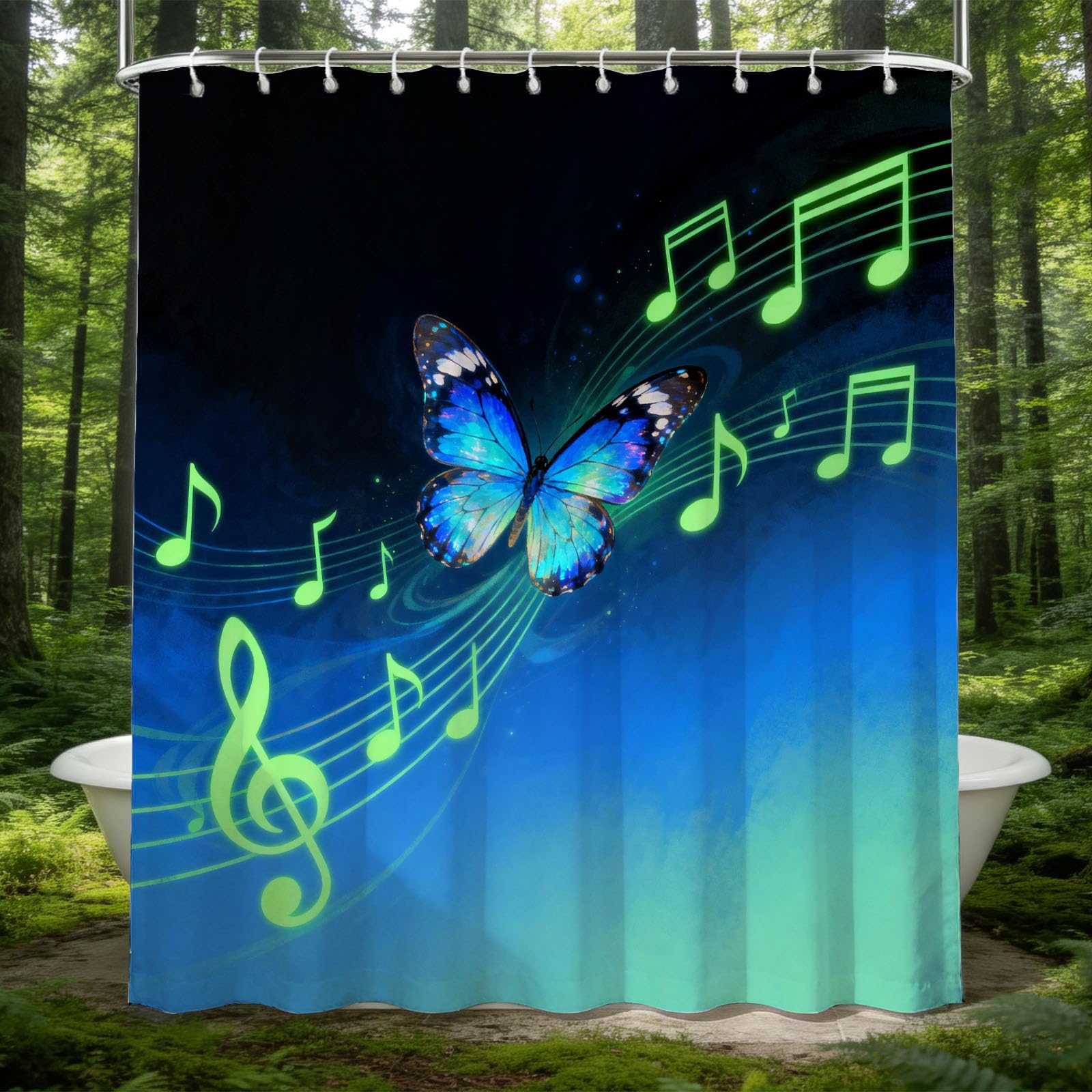 Hongduo 3D Musical Butterfly Shower Curtain for Stalls Bathtubs Gradient Bathroom Decor Shower Curtain Set Polyester Fabric Waterproof 180x180cm/71X71 Inch with Hooks
