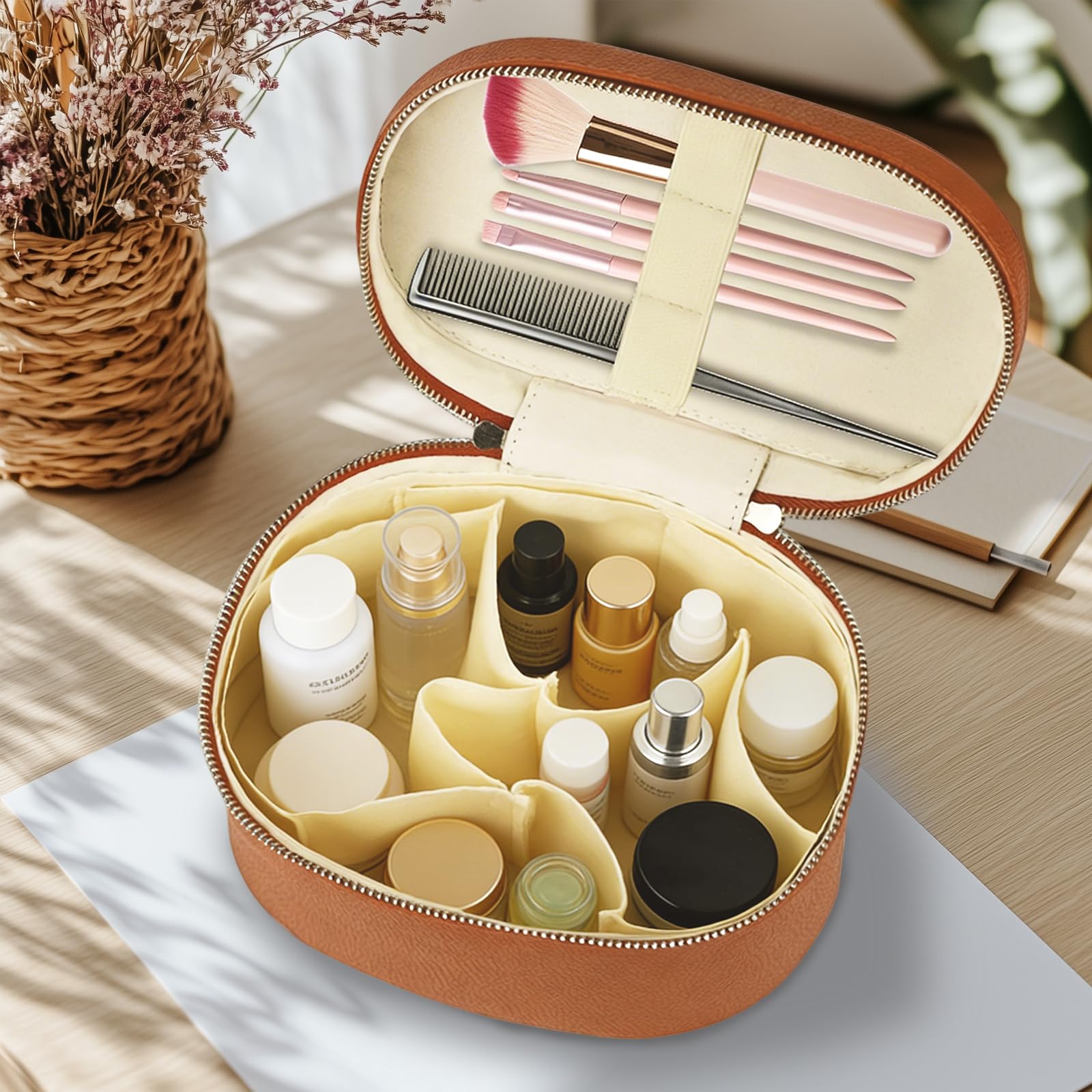 Beauty Case da Donna, Borsa per Trucco per Donne, Organizer con Divisore Rimovibile, Beauty Case da Viaggio in pelle per Cosmetici con Guscio Rigido, Organizer per Trucchi, Regalo Donna(Marrone)
