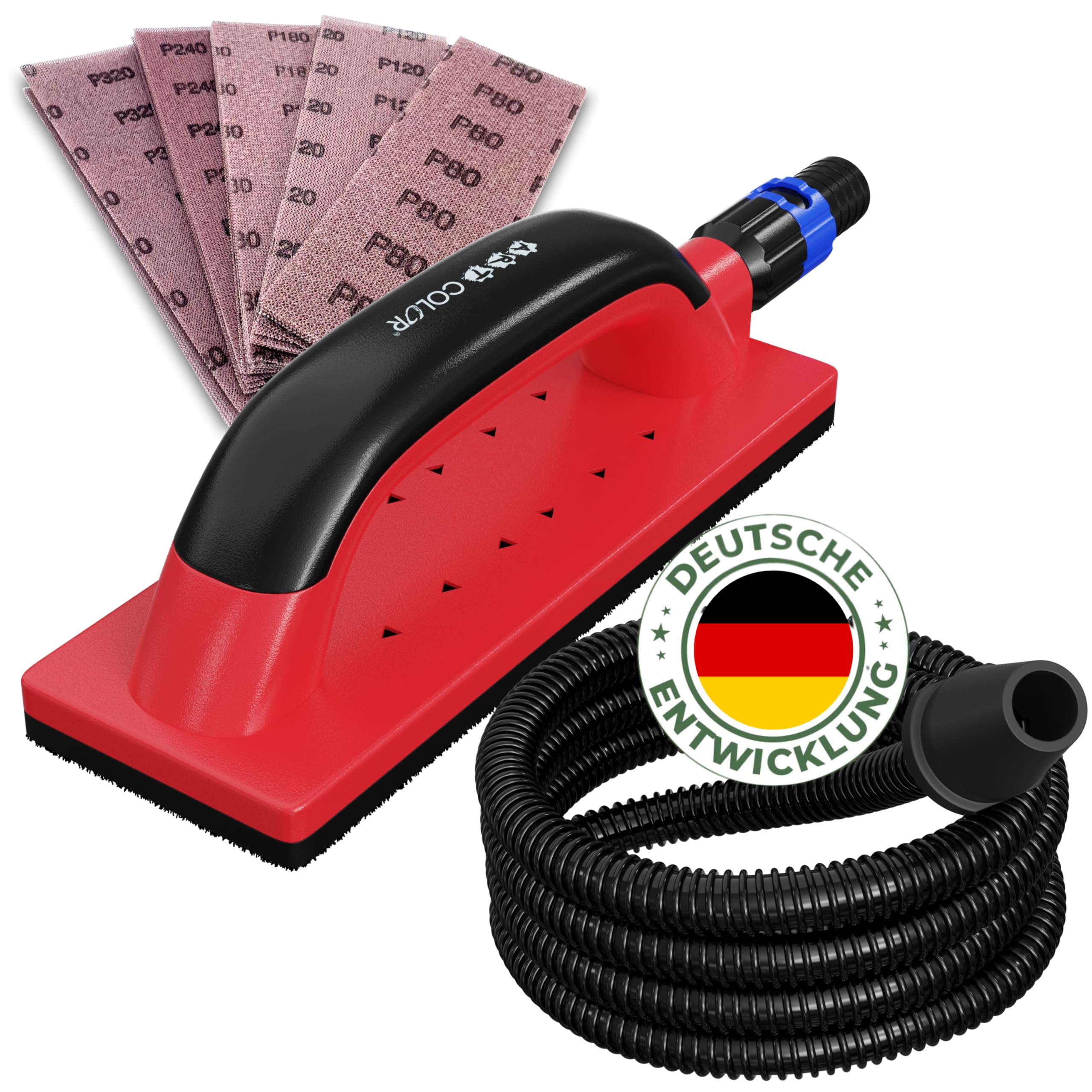 Art Color Set di levigatrici a mano – blocco abrasivo (80 x 230 mm) con aspirazione e velcro per levigatura senza polvere – con tubo di aspirazione da 4 m e 25 griglie abrasive Art Color Grana grana:
