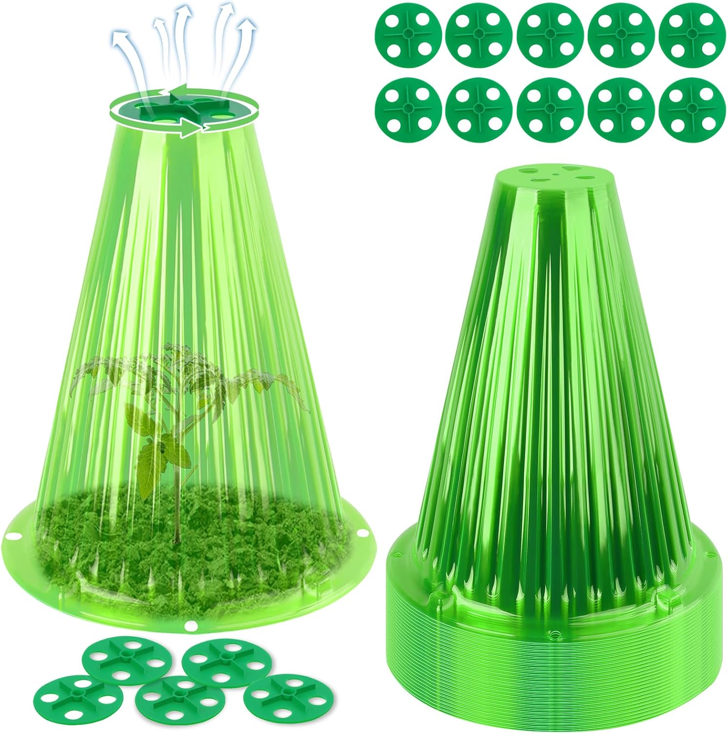 UQM 30 Pack Garden Cloches for Plants, Reusable Bell Plant Protector with Rotary Vent Cover, Garden Protection from Animals Snails Birds Chickens Insect, 9.18″ H X 7.56″ D (Green)
