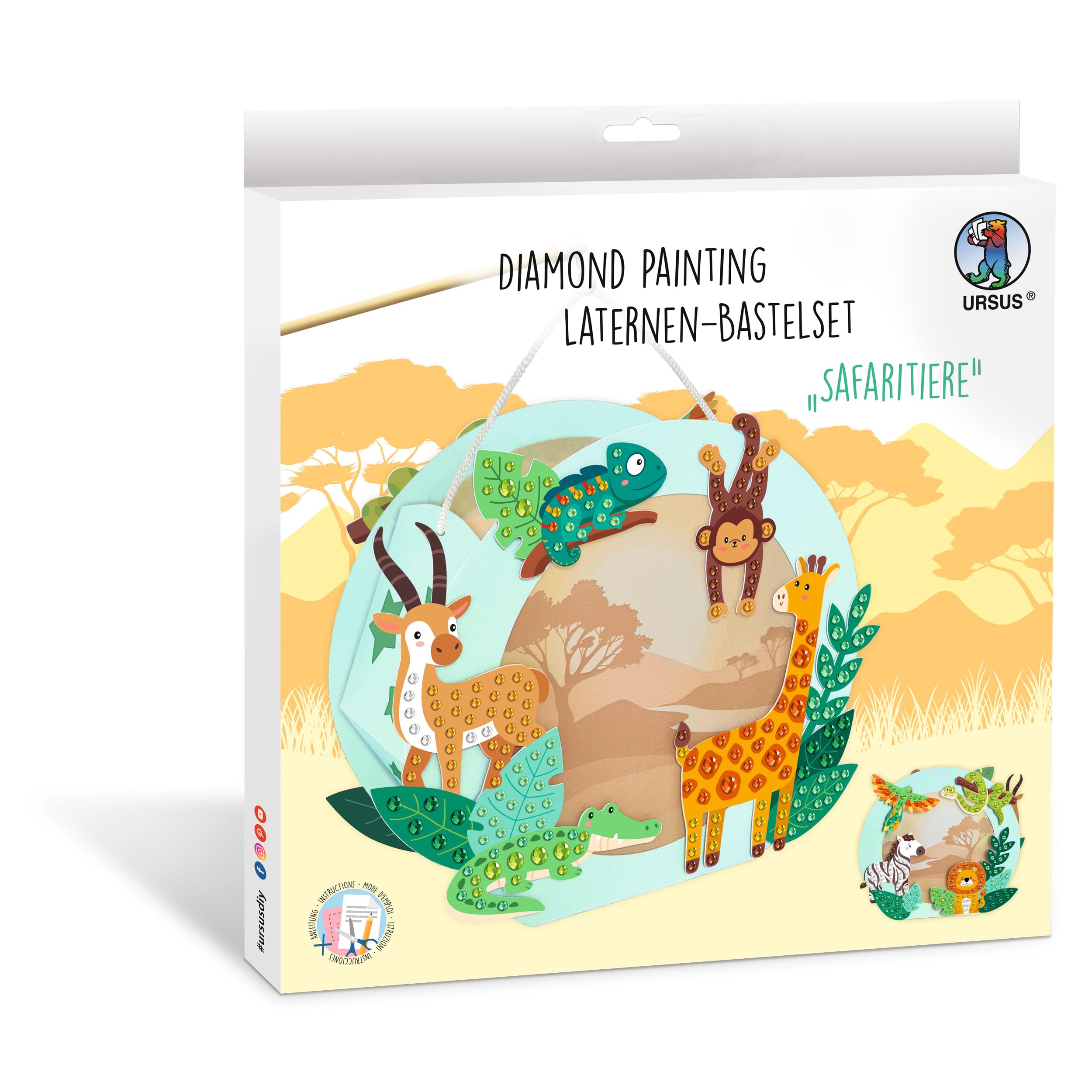 Ursus 1882 00 01F Diamond Painting Lanterns Craft Set Safari Animals, Approx. 20 x 18.7 x 8 cm, with Rhinestones, for Lantern Crafts, DIY Craft Set for Lantern Parade and Decoration